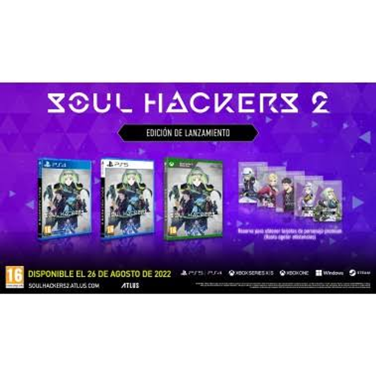 Cajas de juego con el título Soul Hackers 2, varios personajes e información de lanzamiento.