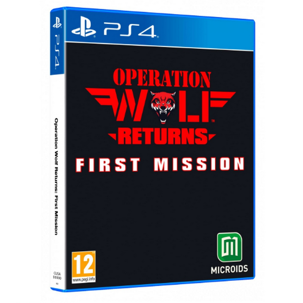 Pudełko z grą 'Operation Wolf Returns: First Mission' z wilkiem i czerwonym tekstem.