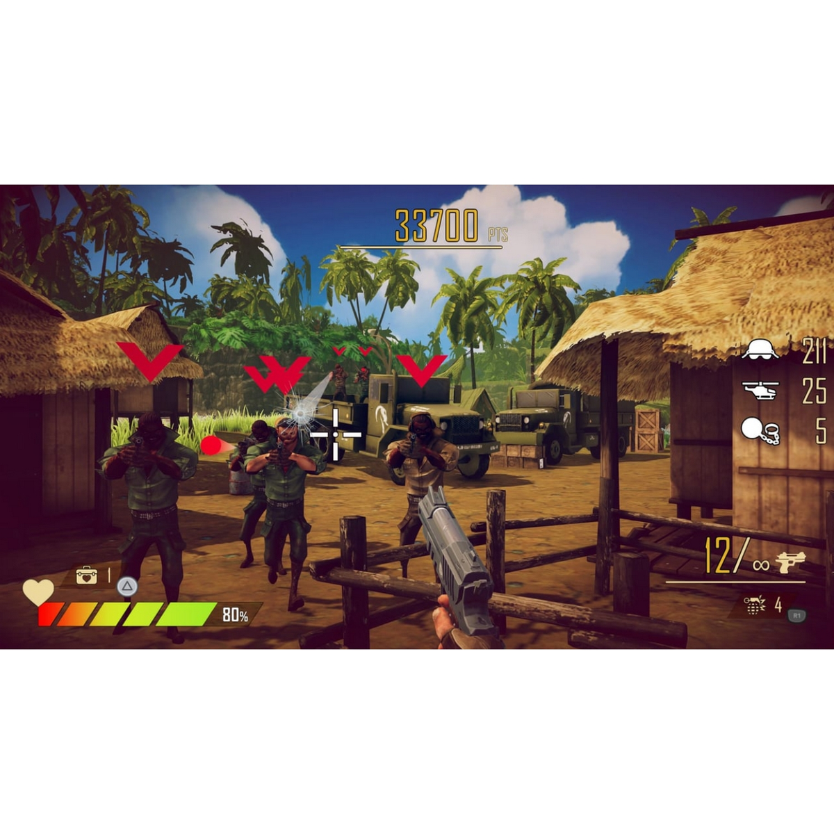 Scena z gry. Żołnierze strzelają w dżungli. Wyświetlony pasek zdrowia i amunicja.