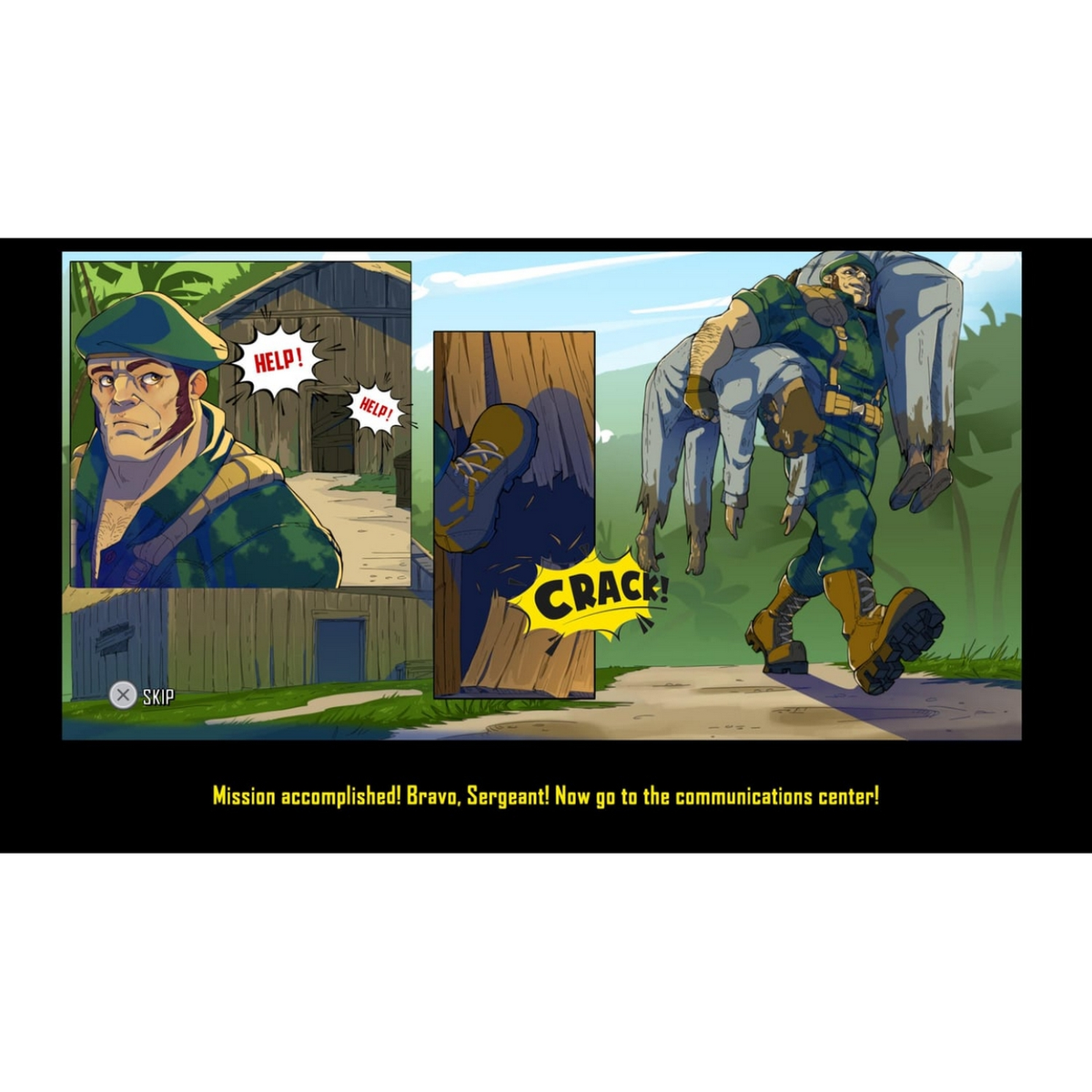 Panel komiksu: żołnierz niesie drugiego. Dymki z tekstem mówią 'POMOCY!' i 'TRZASK!'. Scena rozgrywa się w lesie.