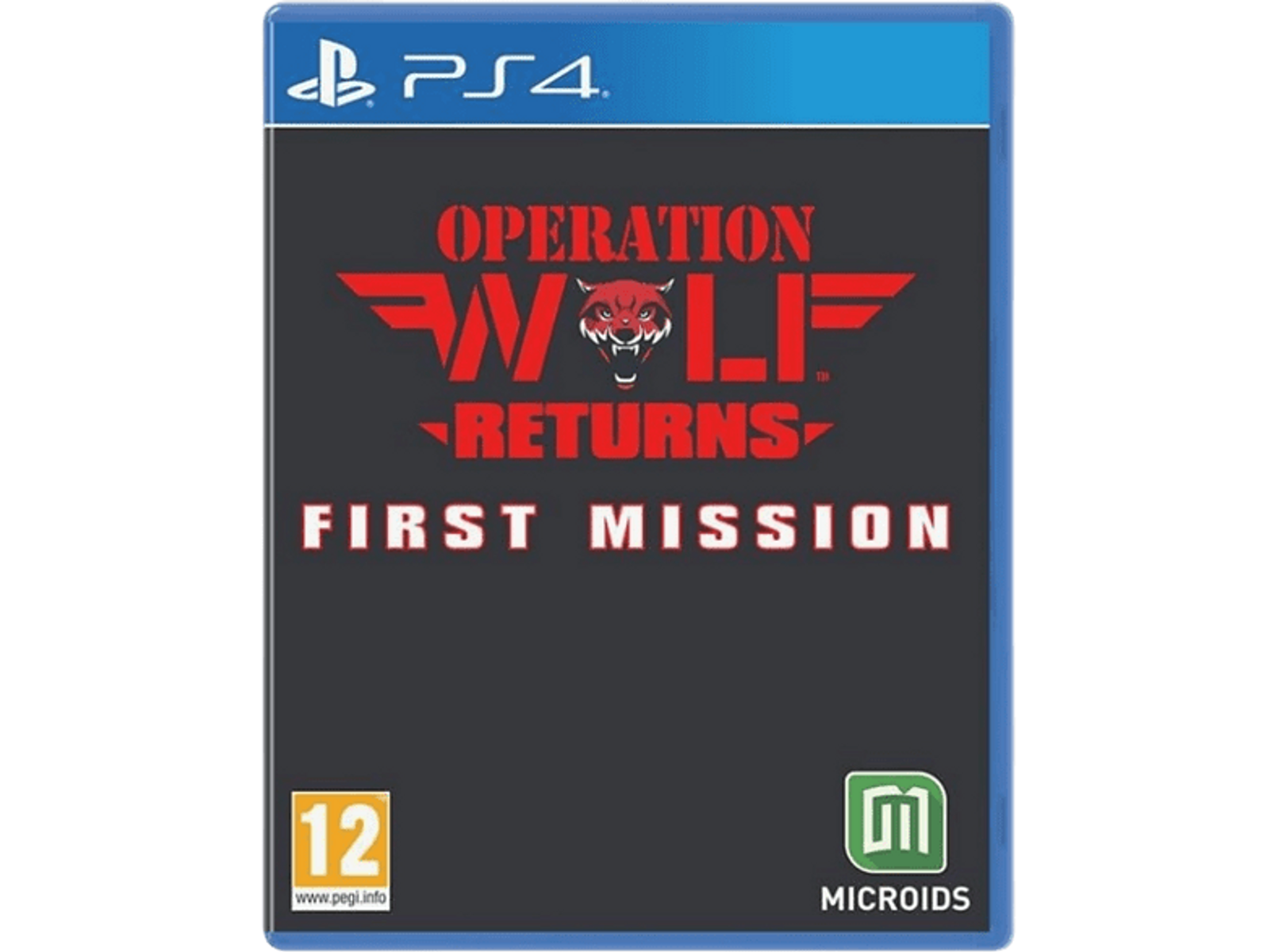 Pudełko gry PS4: Operation Wolf Returns, First Mission. Z logo wilka i czarnym tłem.