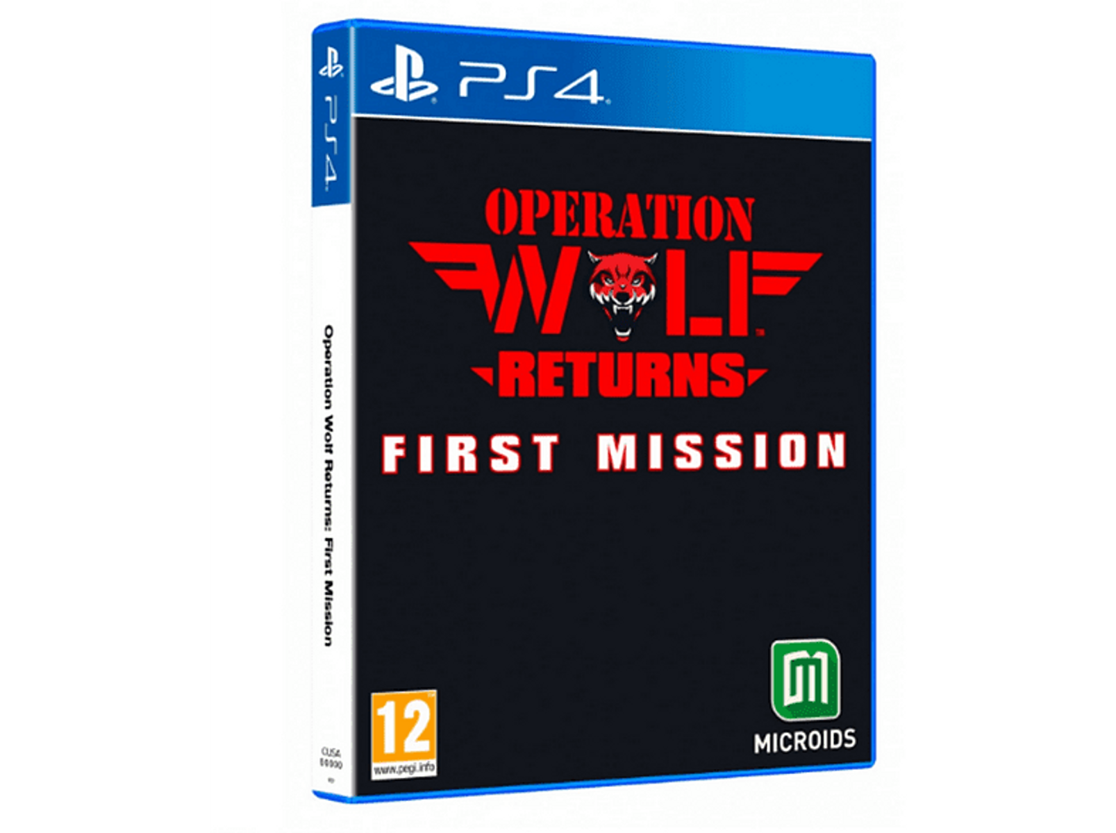 Grafika pudełka gry PS4 dla 'Operation Wolf Returns: First Mission'. Zawiera tytuł gry i grafikę wilka.