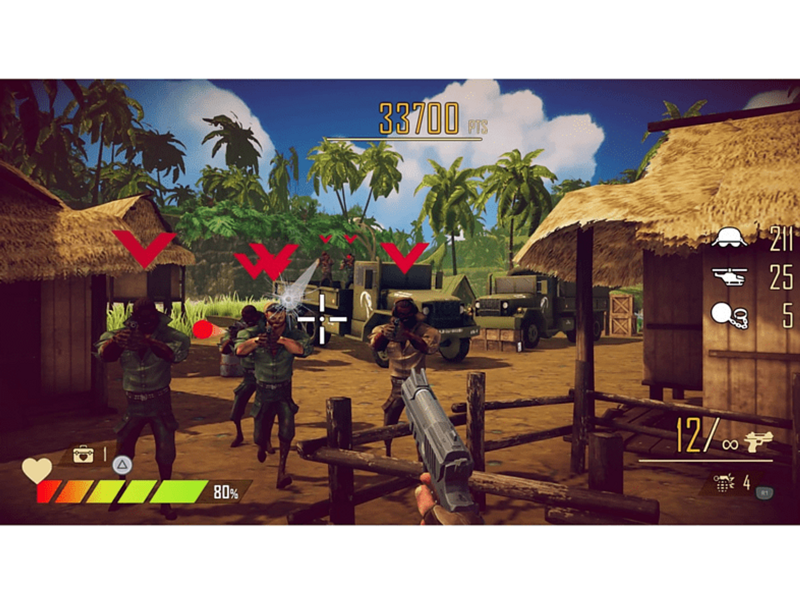 Widok z perspektywy pierwszej osoby w grze w dżungli. Widoczny pistolet, żołnierze w scenie.