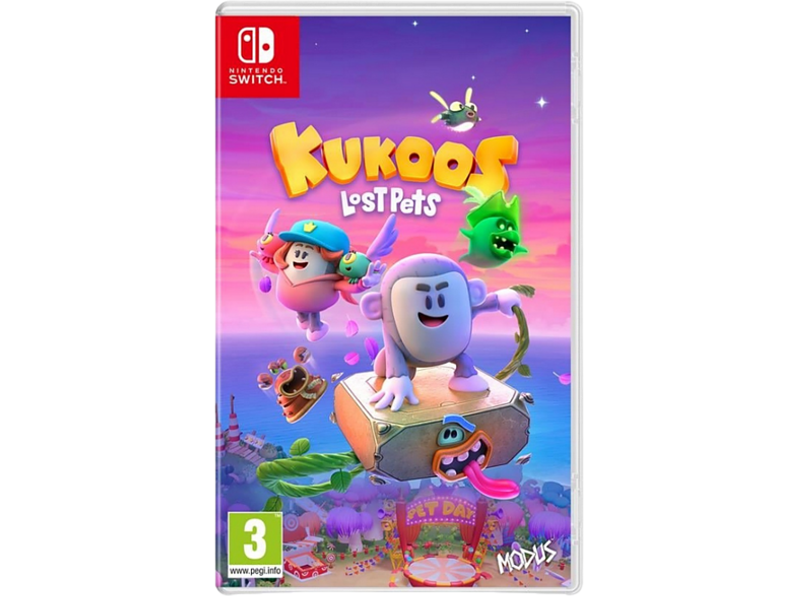 Scatola del gioco Kukoo's Lost Pets, con personaggi dei cartoni animati e uno sfondo colorato.
