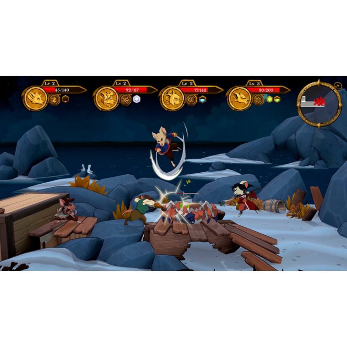 Escena de videojuego con animales de dibujos animados luchando. Un barco en el medio y rocas atrás.