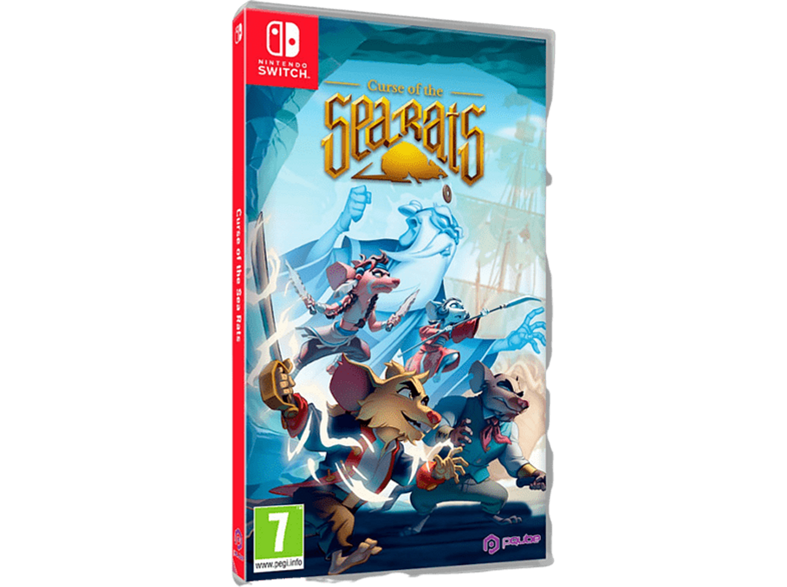 Arte de la caja del juego: Curse of the Sea Rats para Nintendo Switch. Ratas en un barco, con un fantasma.