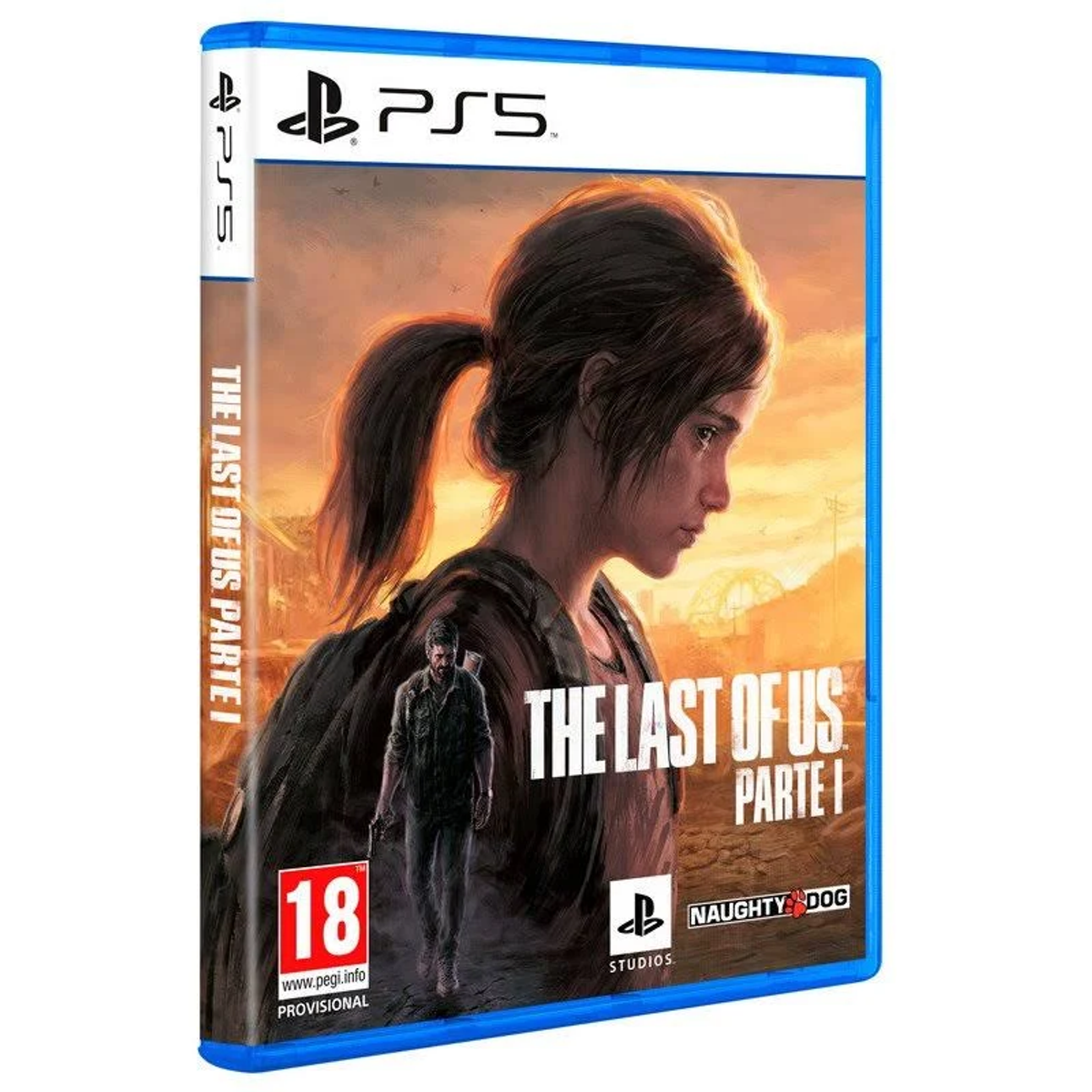 Grafika pudełka gry The Last of Us Part 1. Przedstawia kobietę z kucykiem i mężczyznę.