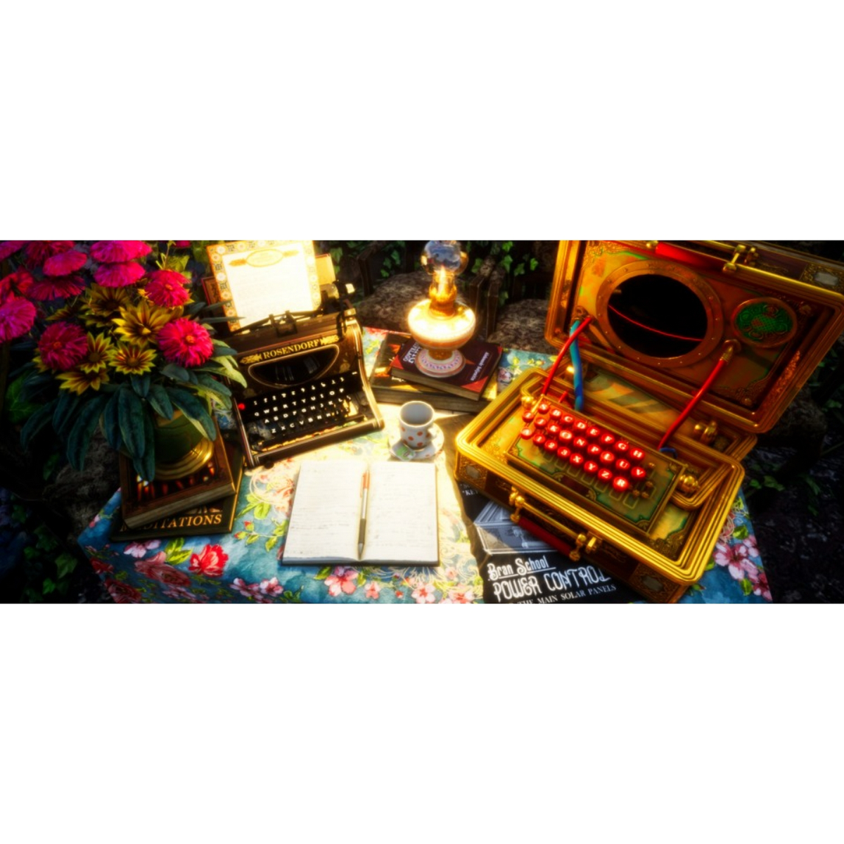 Un tavolo con una macchina da scrivere, libri, una lampada e una tastiera rossa in una valigia d'oro.