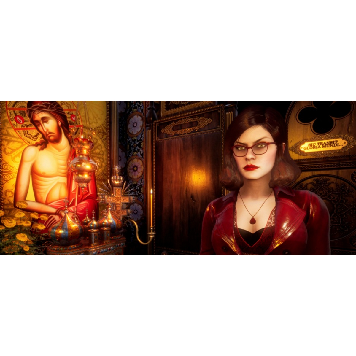 Scena d'interni, donna in rosso, dipinto di Gesù, candele.