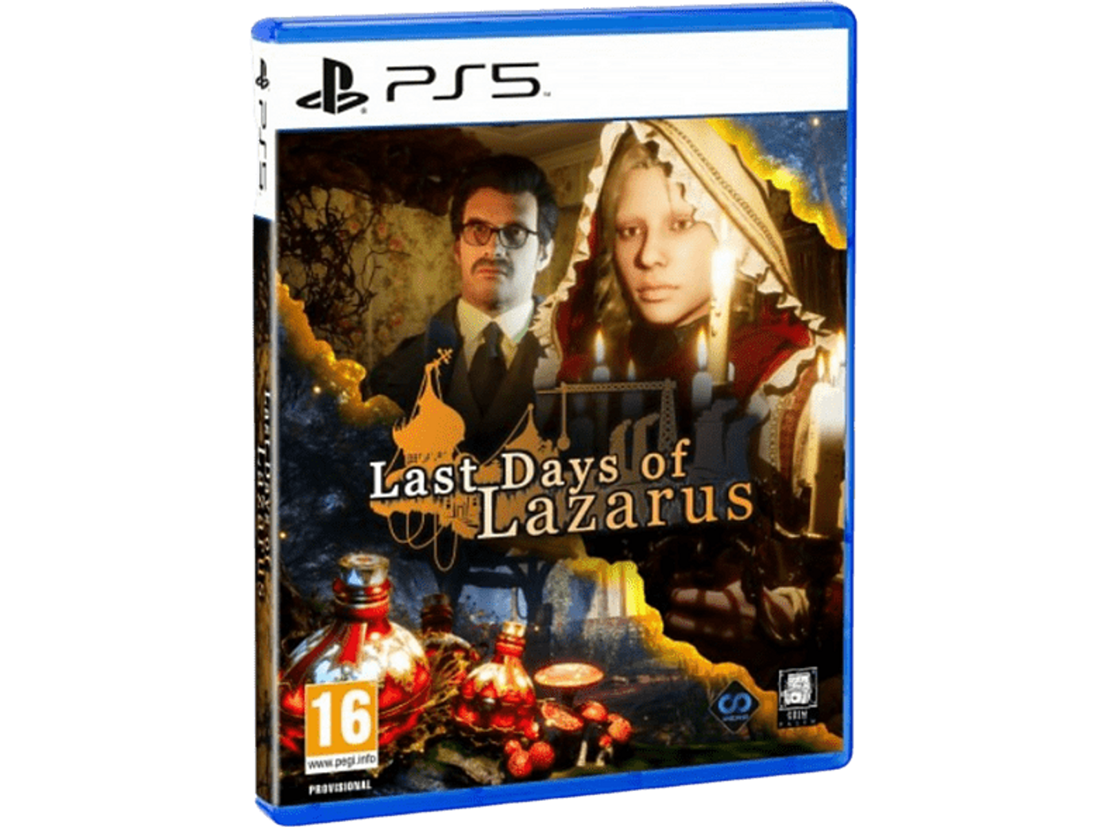 Copertina del gioco PS5: Last Days of Lazarus. Un uomo e una donna davanti a una scena buia illuminata dalle candele.