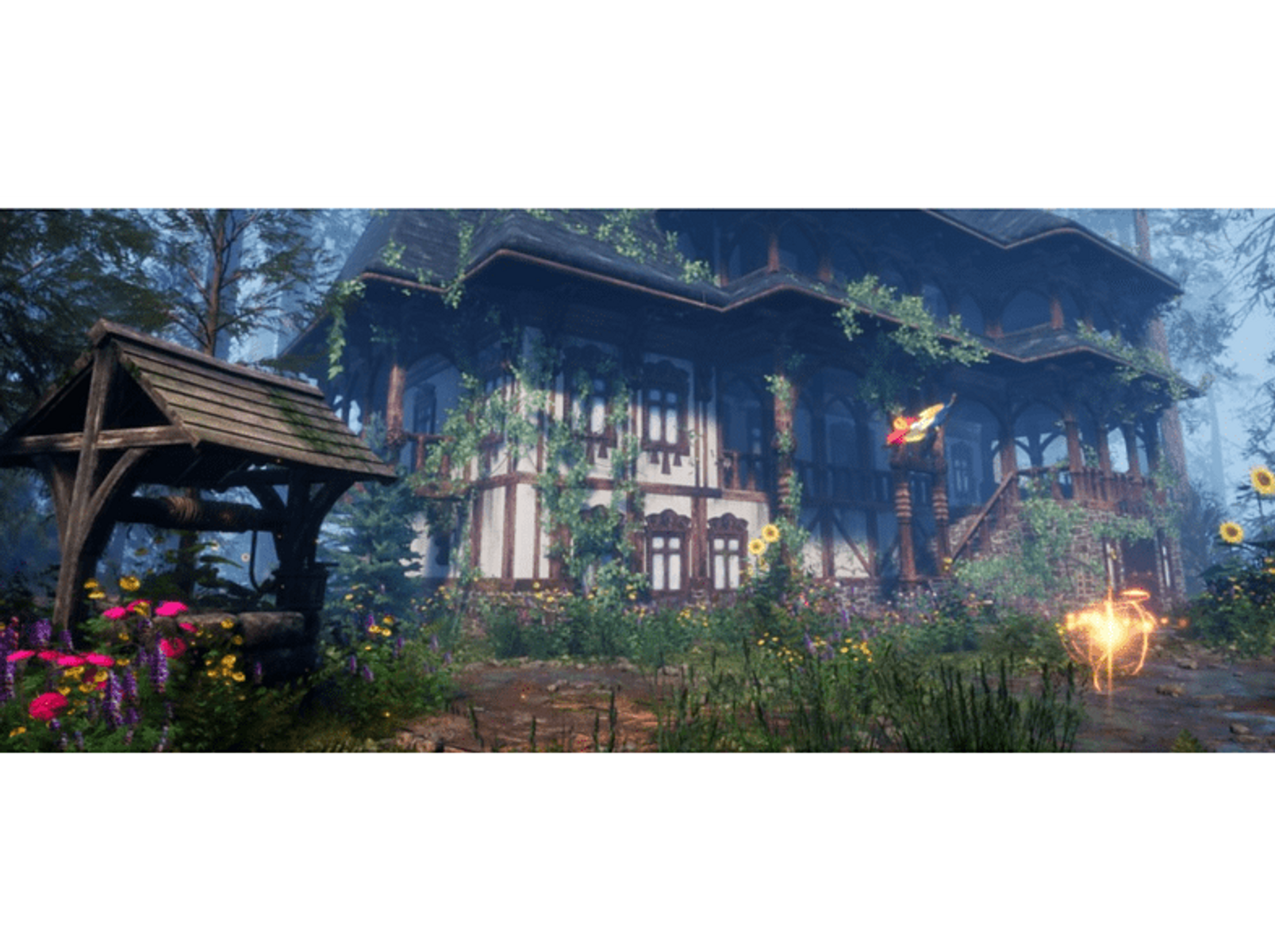 Una casa in un ambiente forestale, con un pozzo, fiori e un globo luminoso.