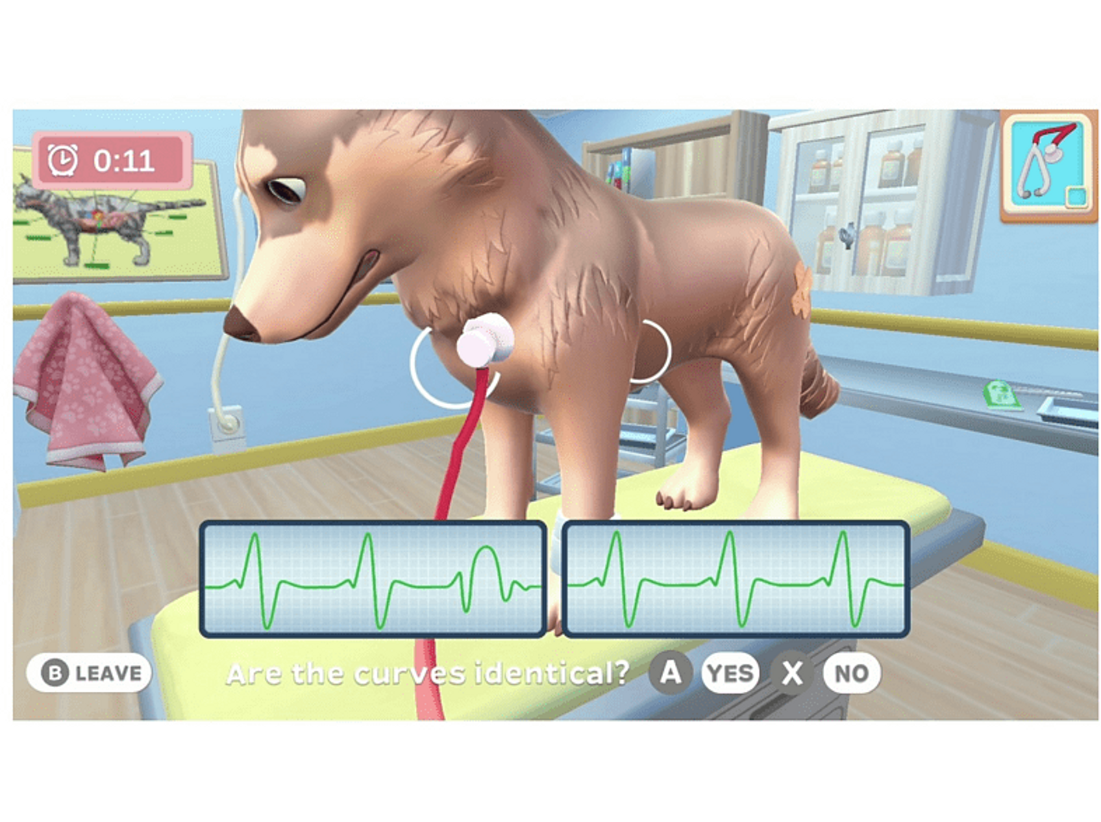 Un cane su un tavolo con un veterinario che controlla il battito cardiaco. Grafici e interfacce mediche sono visibili.