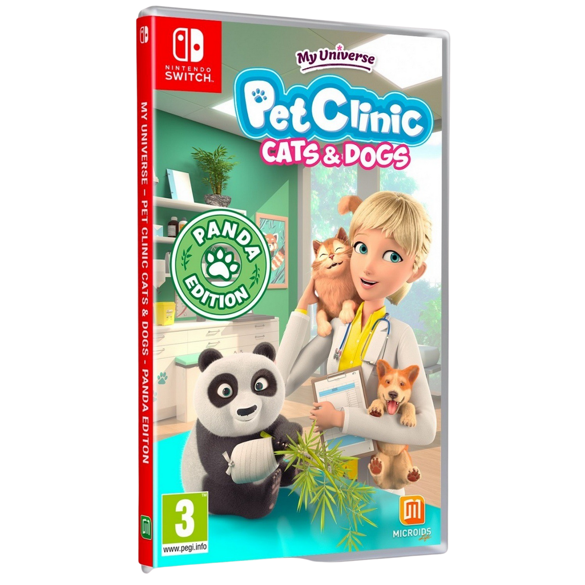 Copertina del gioco, un veterinario tiene un gatto e un cane con un panda e un logo.