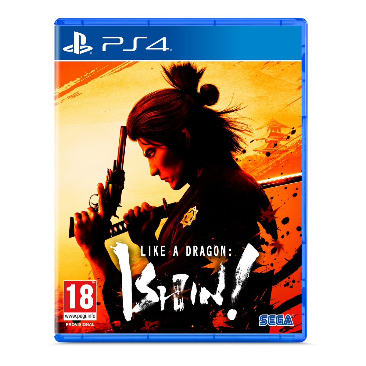 Caja de juego: Un samurái con pistola y katana, con fondo de fuego y logo de PS4.
