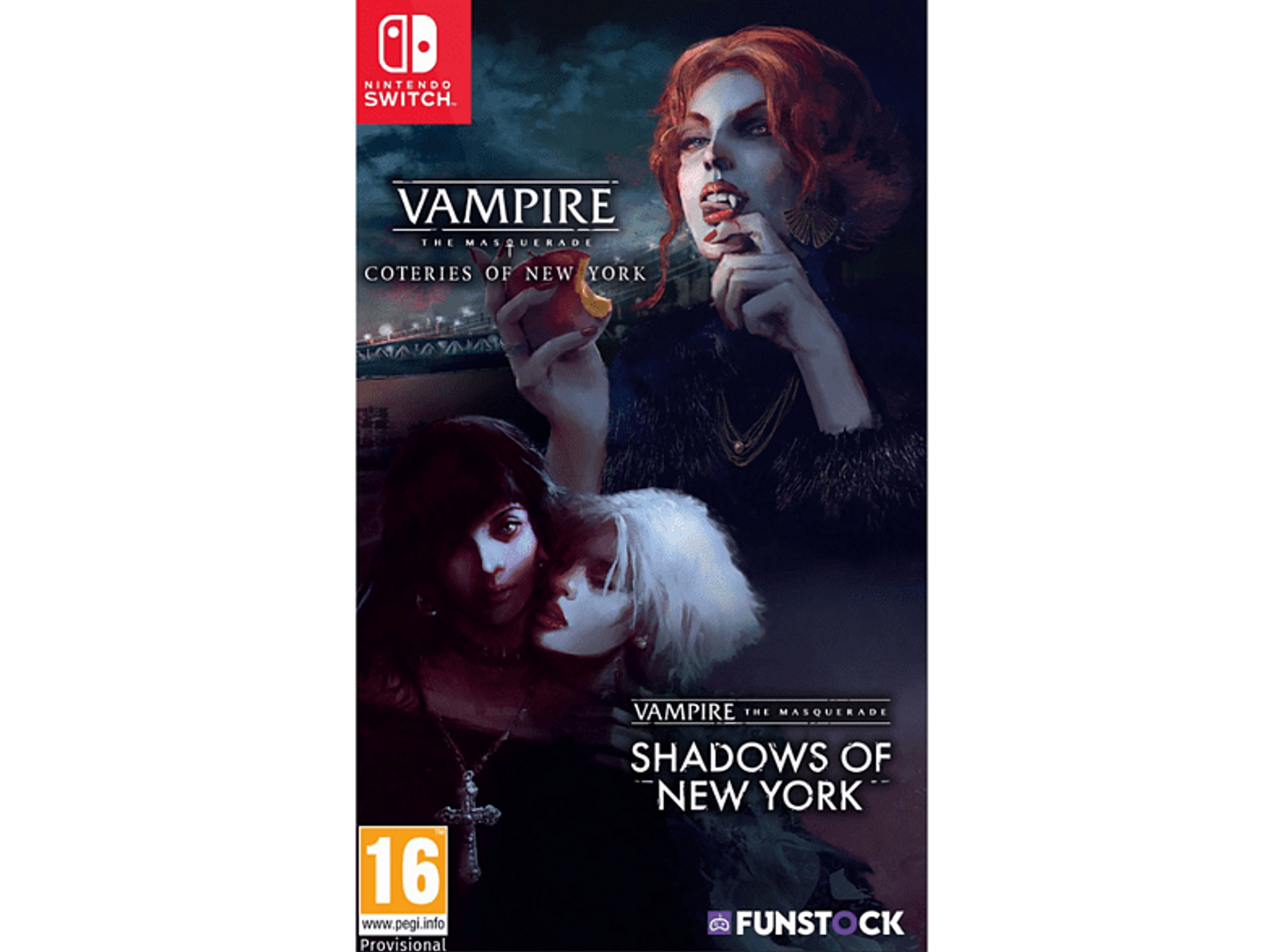 Copertina del gioco Nintendo Switch. 'Vampire: The Masquerade'. Donna dai capelli rossi e zanne.