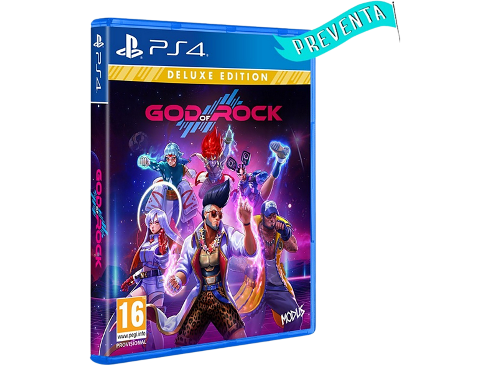 Okładka gry God of Rock Deluxe Edition z różnymi postaciami, kolorowym tłem i tytułem gry.