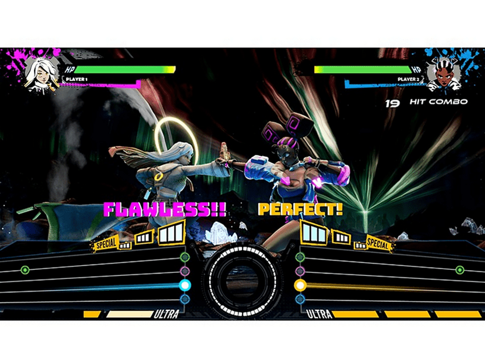 Dwie postacie z anime walczą w grze wideo. Jeden mówi 'Flawless!!', a drugi 'Perfect!'