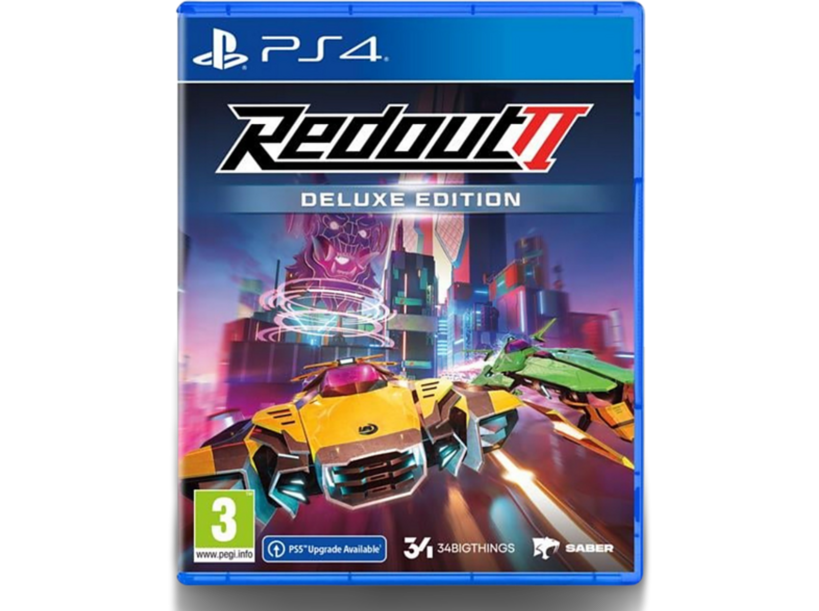 Artwork della scatola del gioco Redout II Deluxe Edition. Due auto da corsa futuristiche sono mostrate su una pista cittadina.