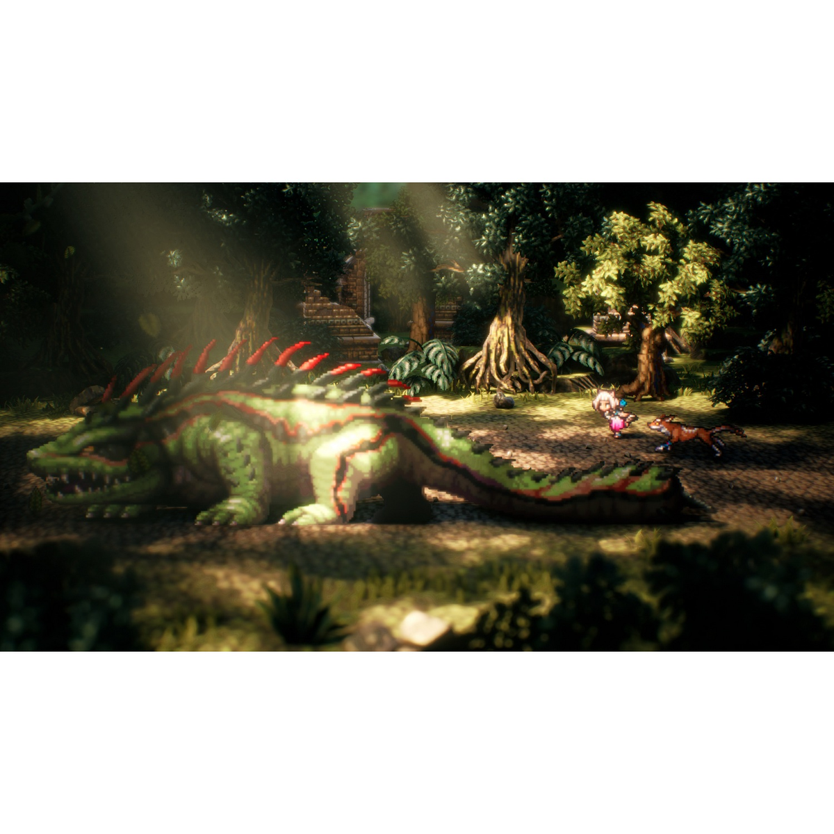 Escena pixelada de un dragón, dos niños y un zorro en un bosque con rayos de sol.