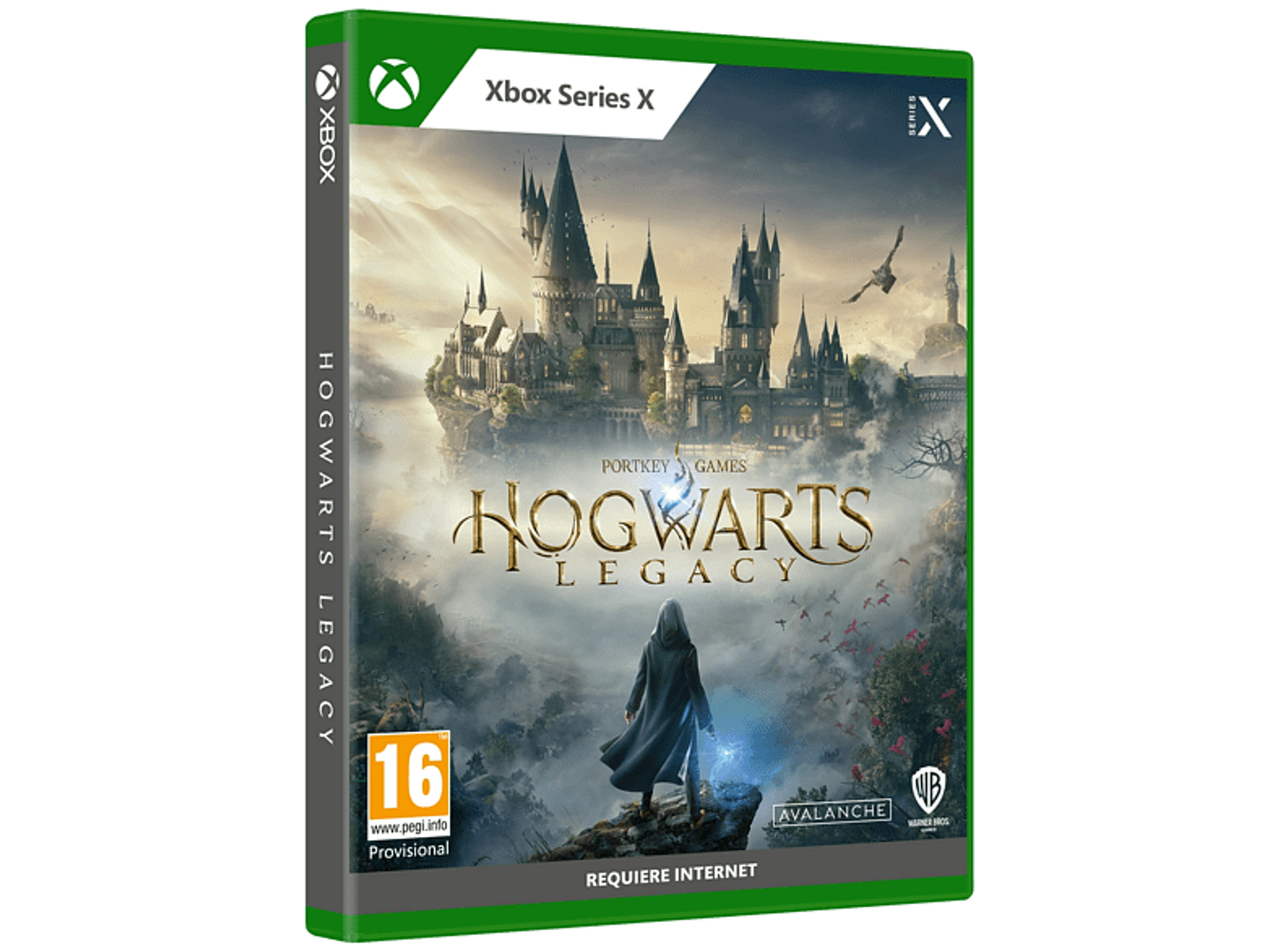 Caja del juego Hogwarts Legacy para Xbox Series X. Presenta el castillo de Hogwarts sobre fondo verde.