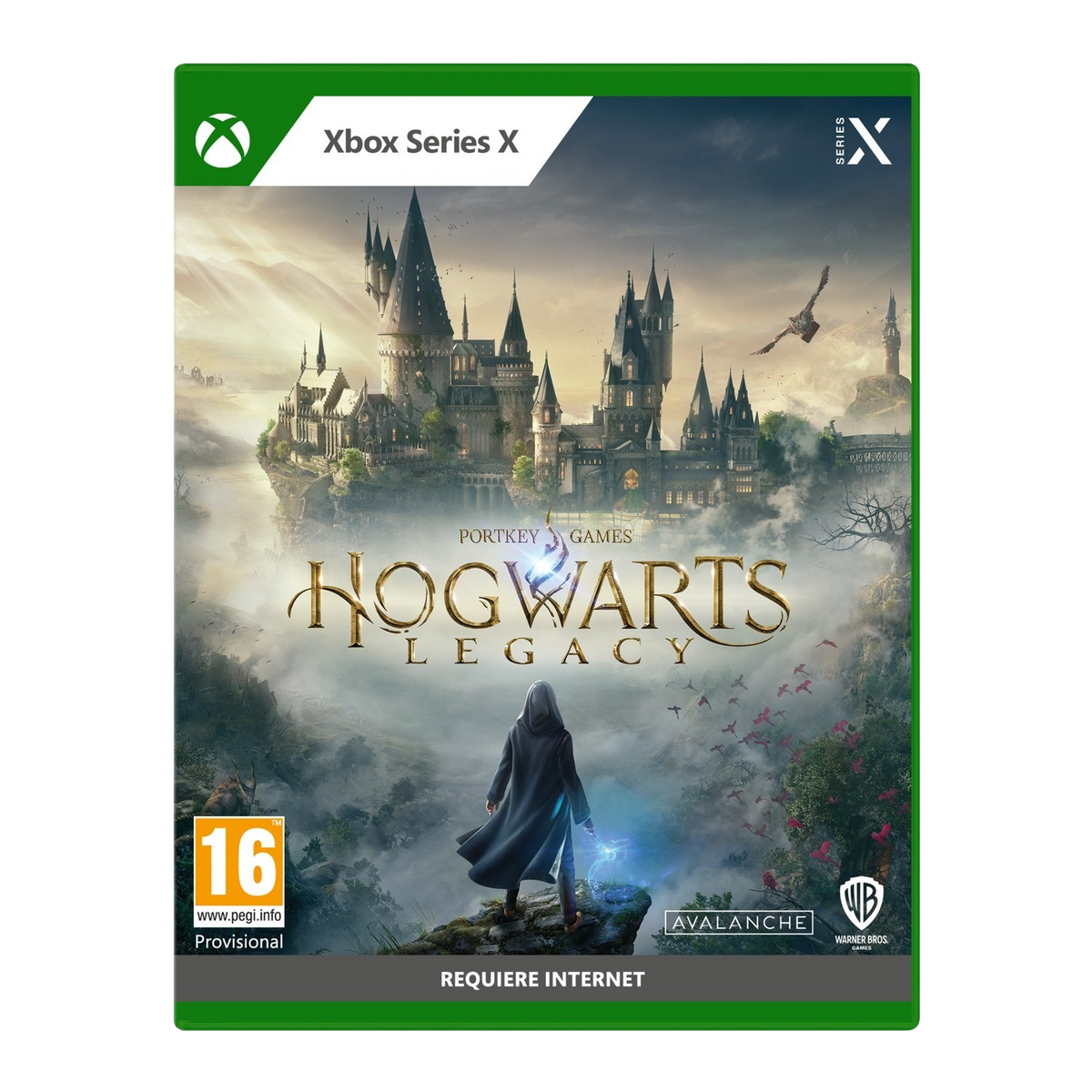 Copertina del gioco Hogwarts Legacy. Un personaggio con un mantello scuro davanti a un castello.