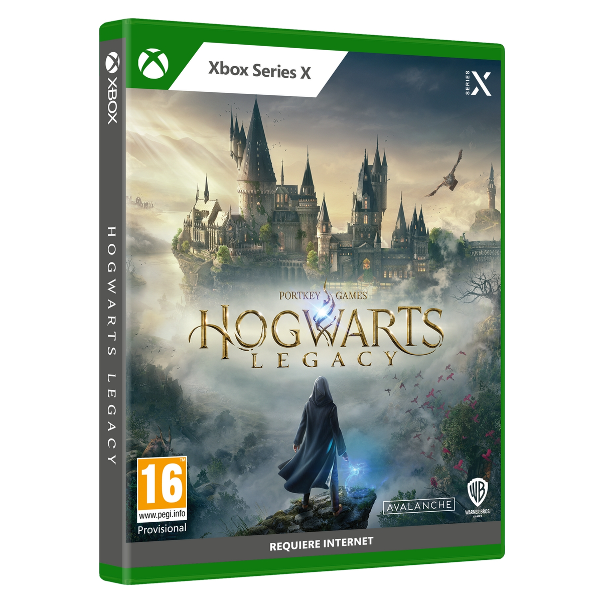 Scatola del gioco Xbox con un'illustrazione del castello e il titolo 'Hogwarts Legacy'.