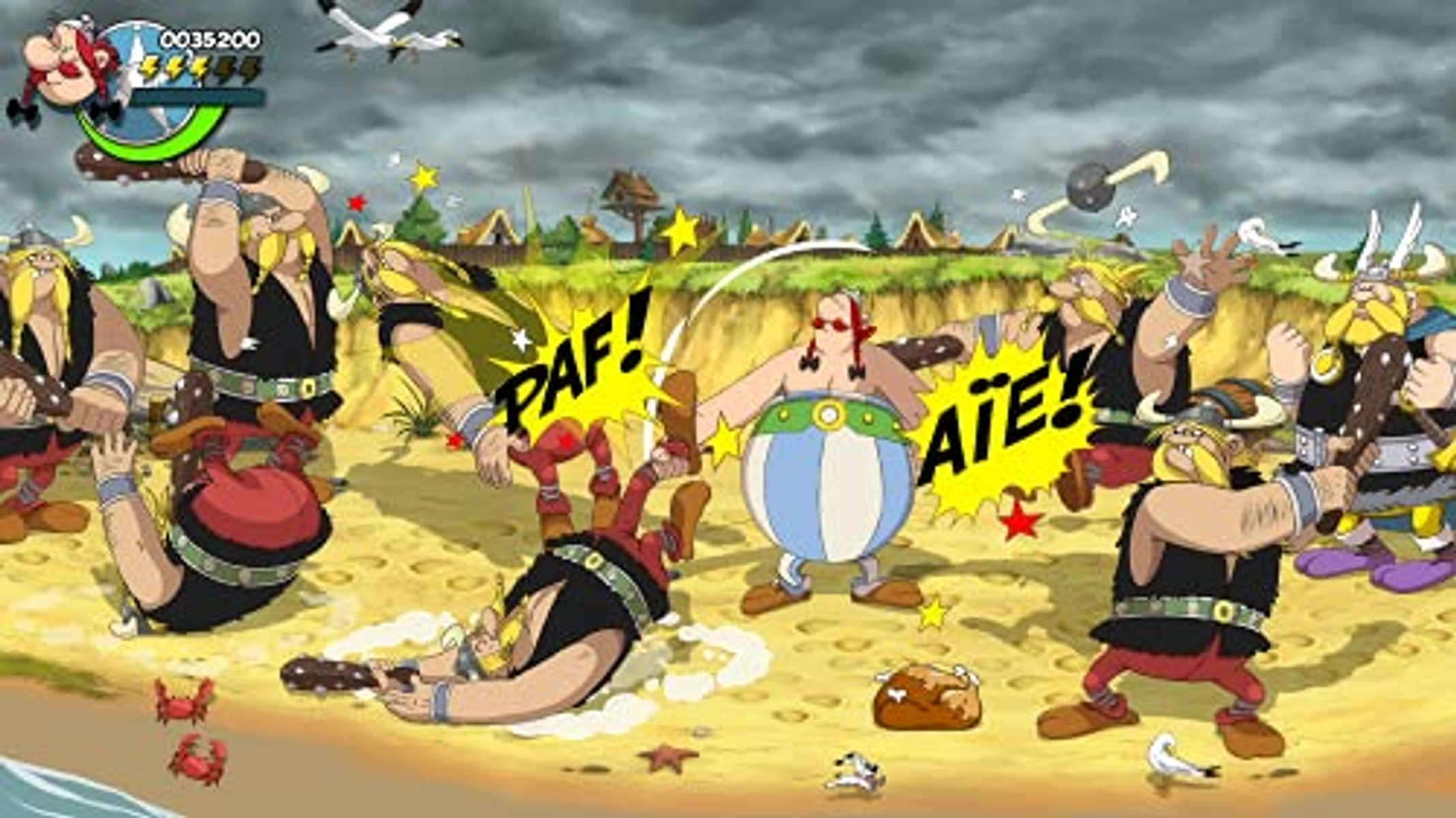 Escena de dibujos animados de vikingos luchando. Estilo cómic, con palabras de acción 'PAF!' y 'ATE!', y estrellas.