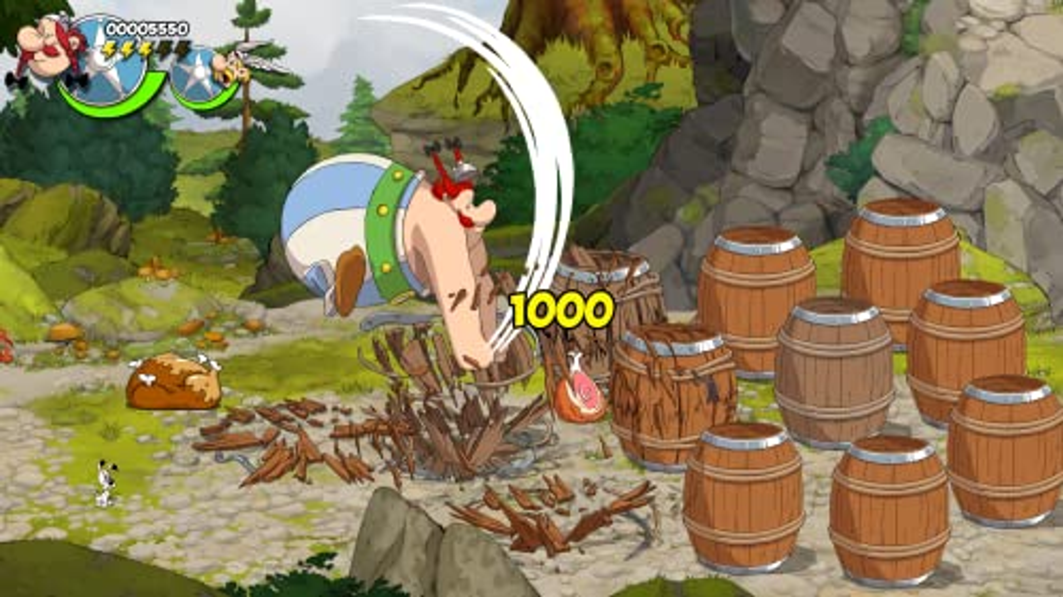 Escena del juego de Asterix. Asterix golpea, barriles de madera, puntuación 1000, hierba verde, bosque.
