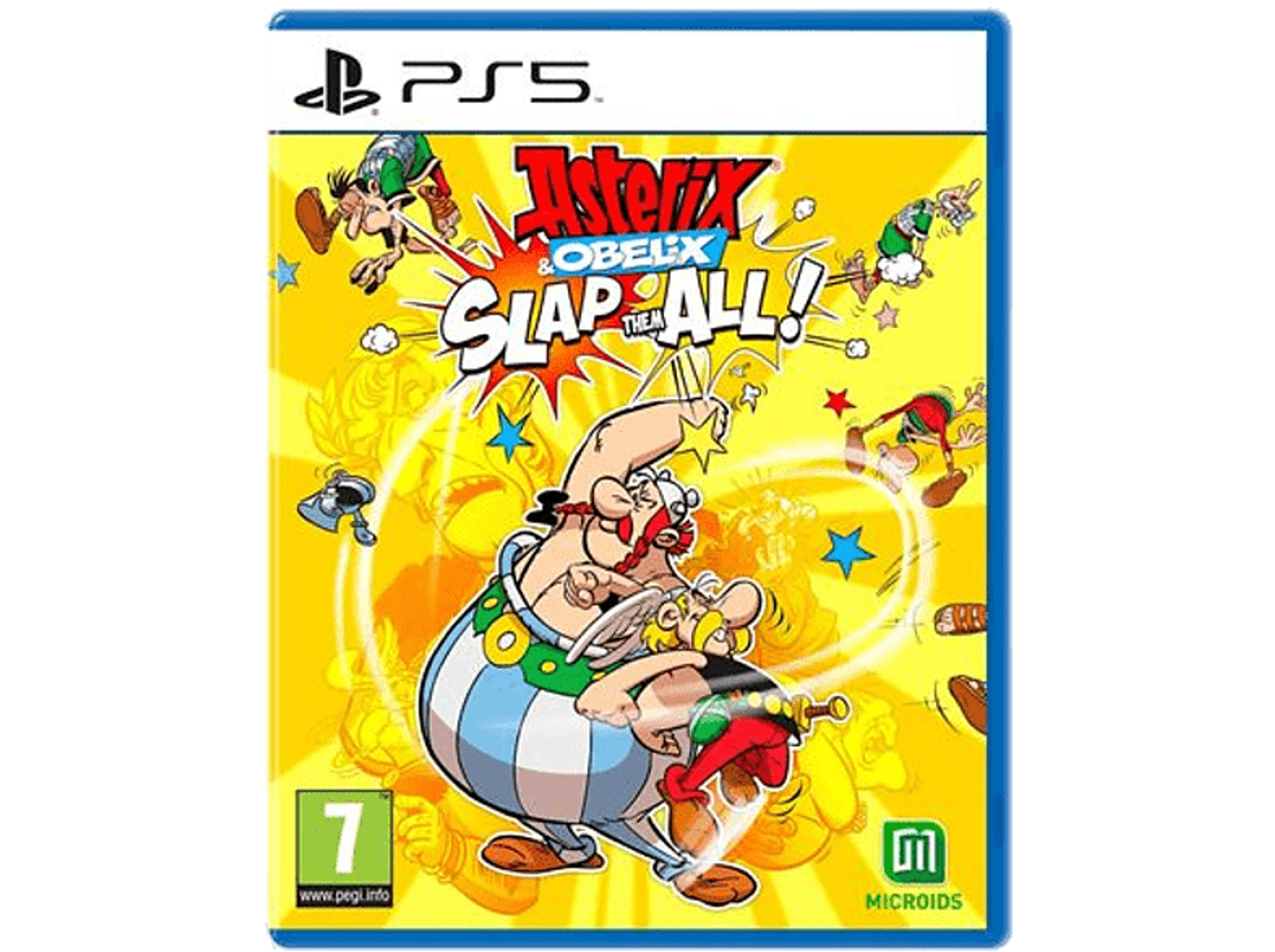 Portada del juego de Astérix y Obélix. Personajes con el título del juego y el logo de PS5.