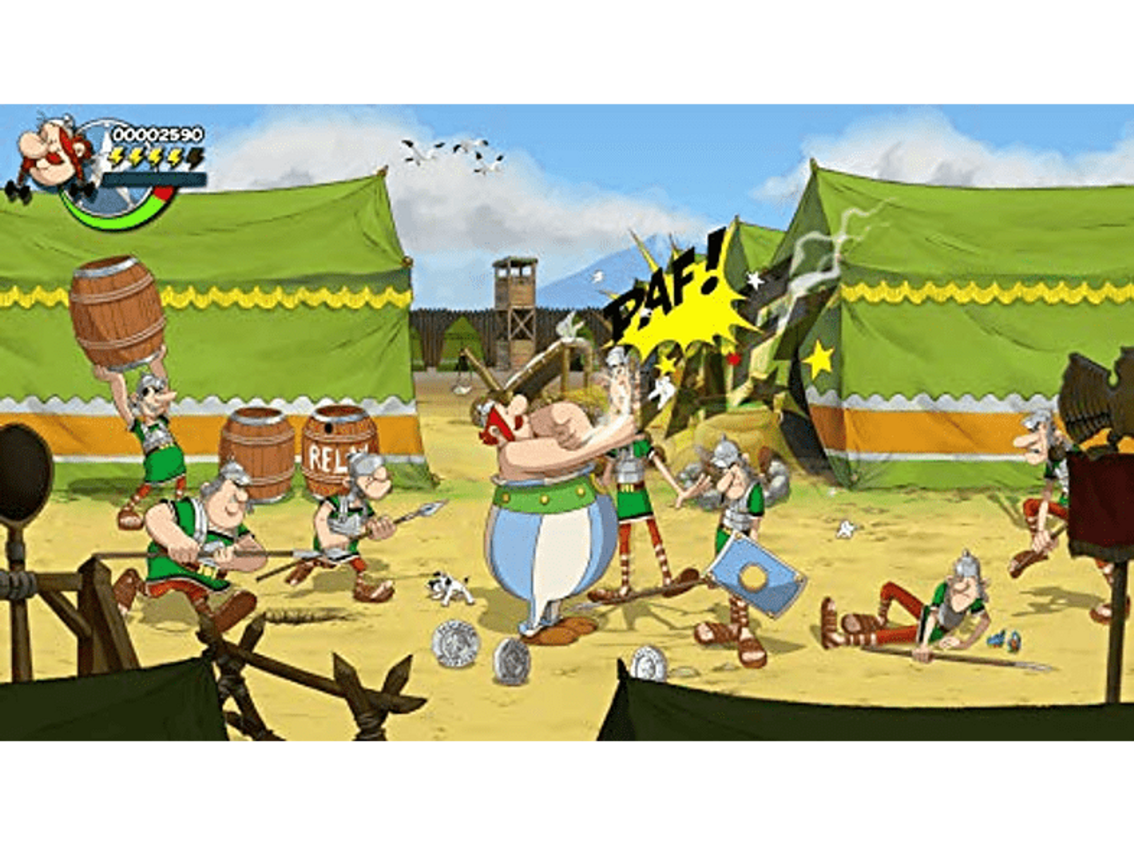 Astérix luchando contra romanos, barril, tiendas y un pájaro en estilo cartoon.