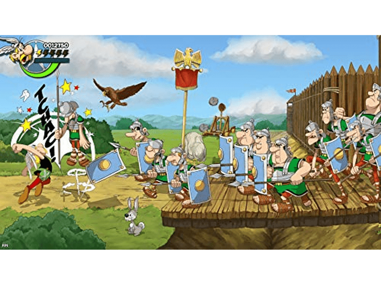 Astérix y sus amigos luchan contra soldados romanos. Imagen estilo cartoon. Cielo y estructura de madera.