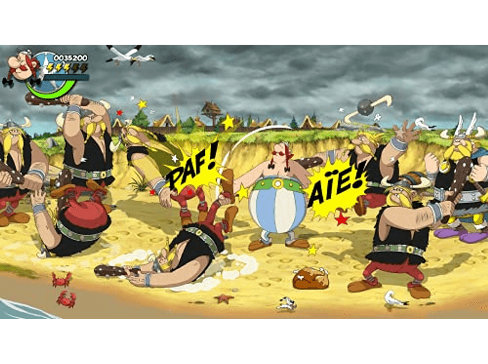 Astérix luchando contra vikingos en una playa. Bocadillos con texto.