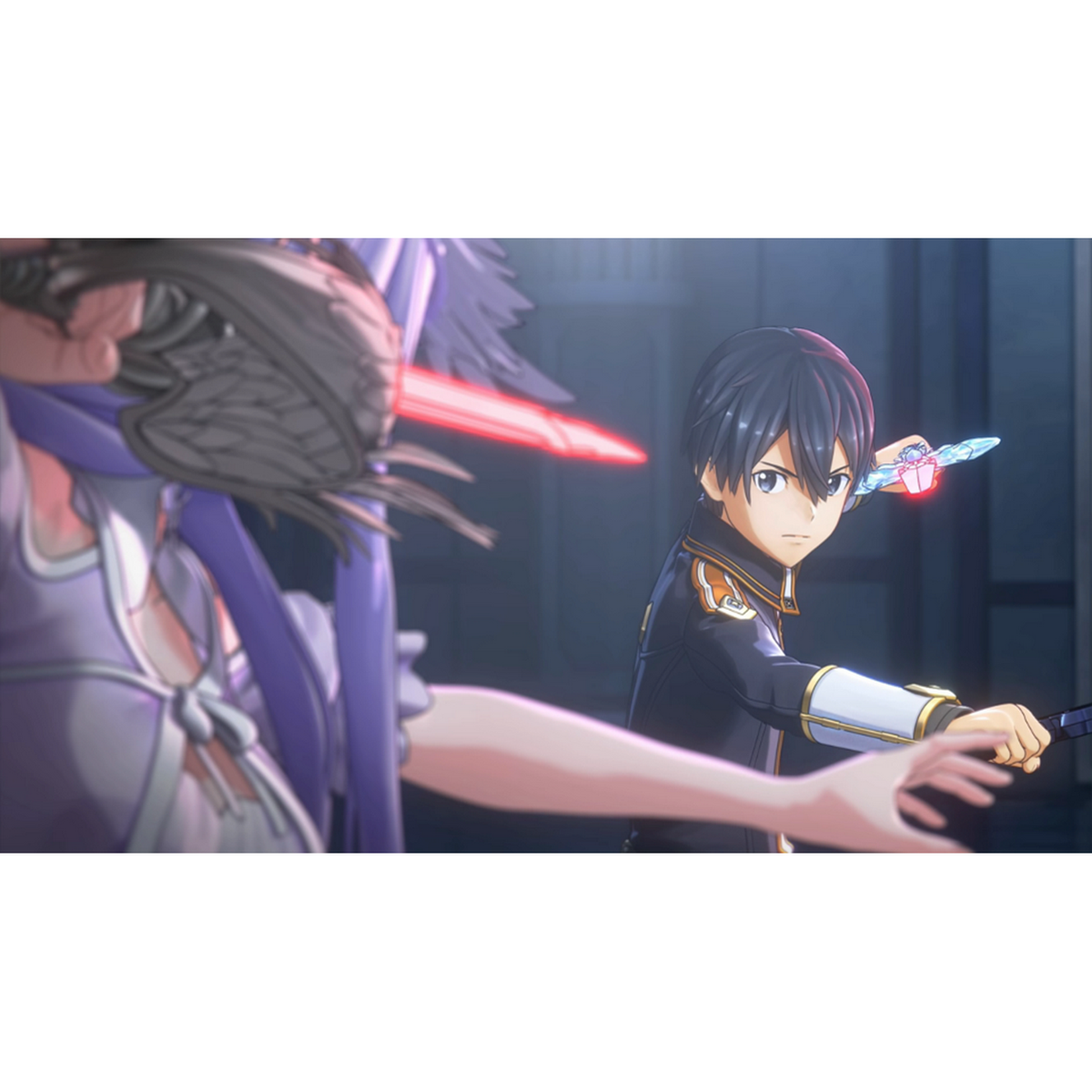 Una scena di battaglia da un anime, con un personaggio maschile e uno femminile.