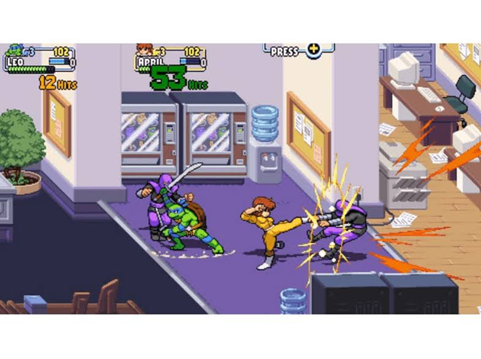 Wojownicze Żółwie Ninja walczą w retro scenie z gry wideo. Postacie i akcja są spikselowane.