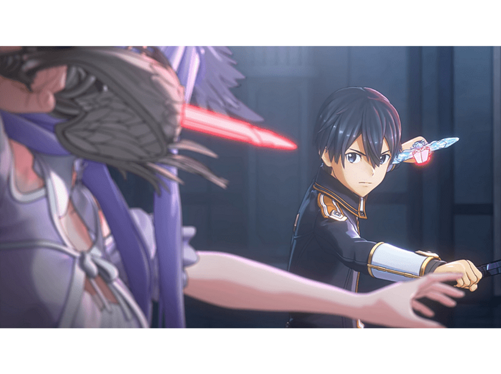 Scena anime: Kirito e un altro personaggio con spade, in procinto di scontrarsi in un'ambientazione oscura.