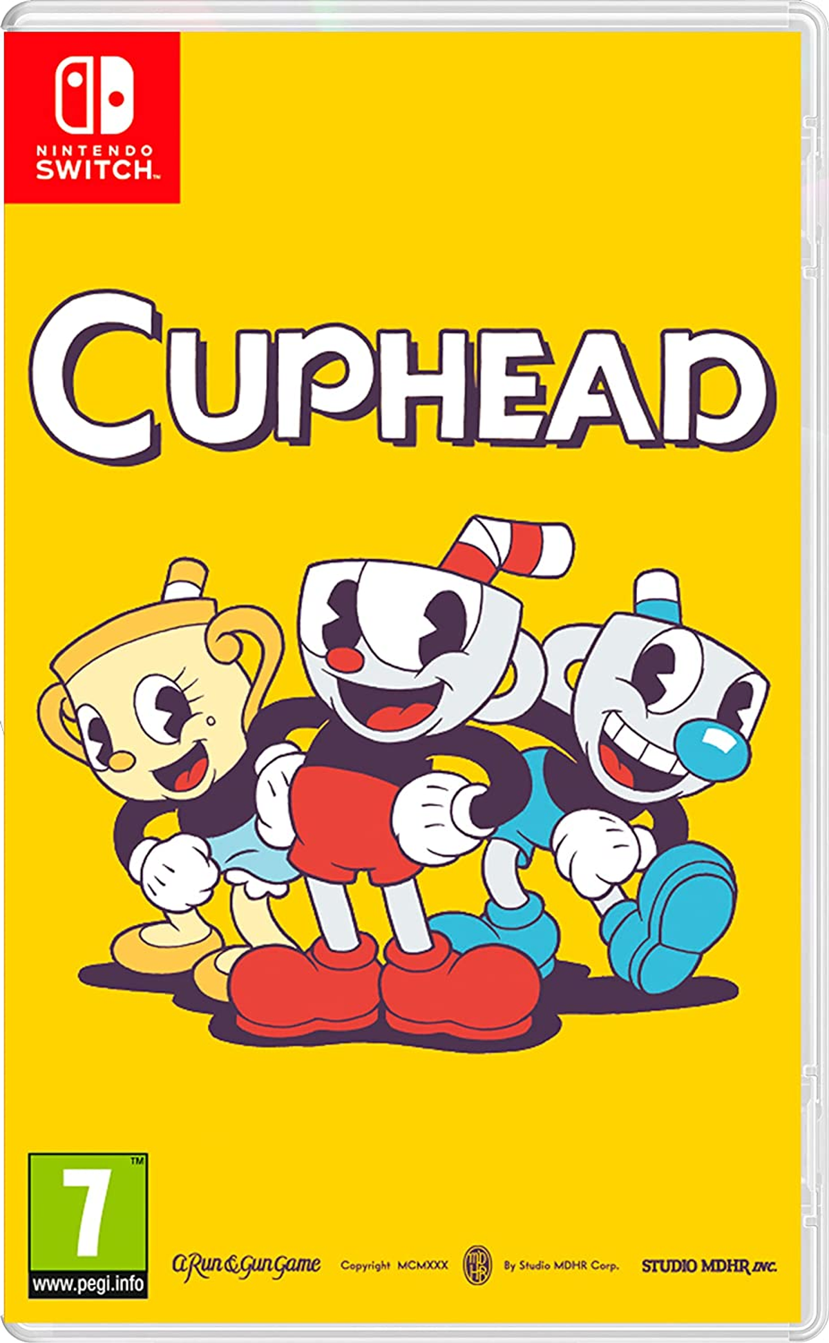 Arte de la caja del juego Cuphead, con tres personajes animados en forma de taza.