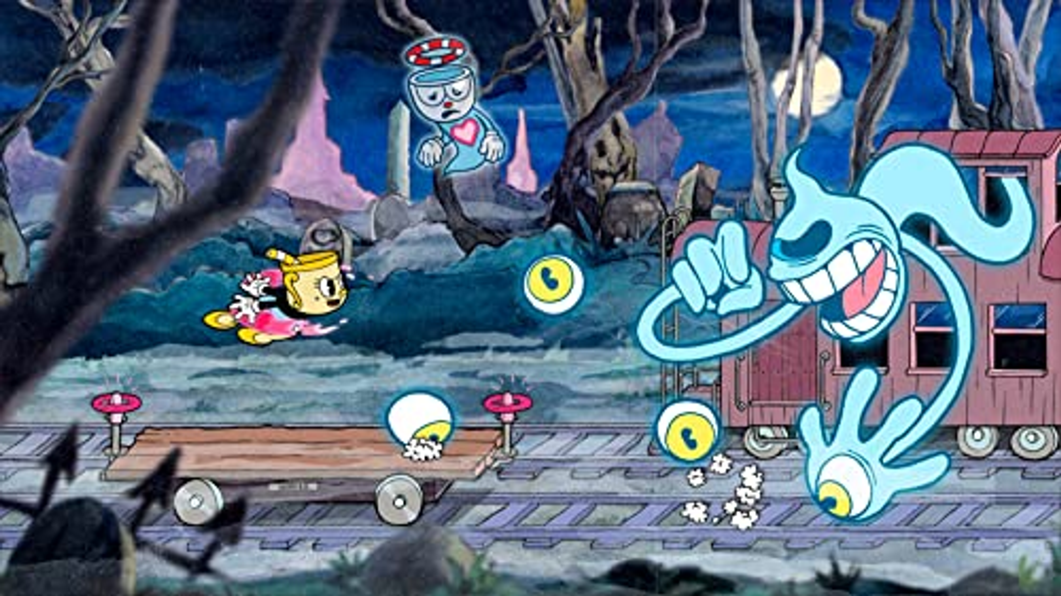 Una escena de dibujos animados con personajes de Cuphead, un tren y figuras fantasmales en un bosque.