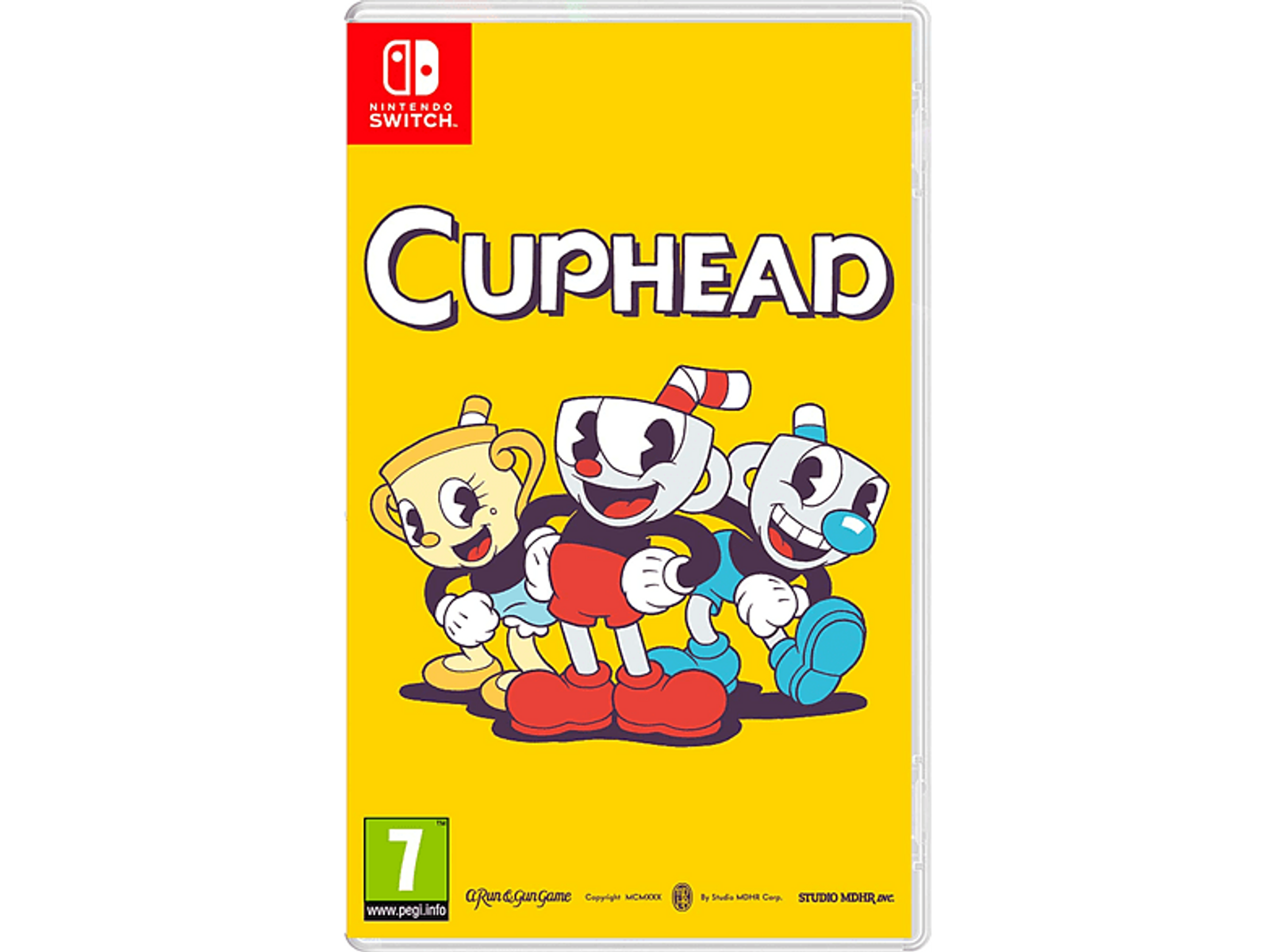 Caja del juego Cuphead para Nintendo Switch. Tres personajes están en la portada.