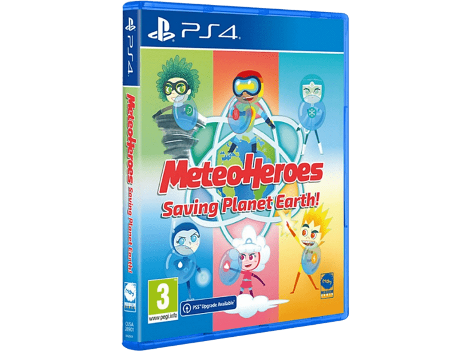 Copertina del gioco. Eroi dei cartoni animati su sfondo colorato. Titolo: MeteoHeroes. Salvando il pianeta Terra!