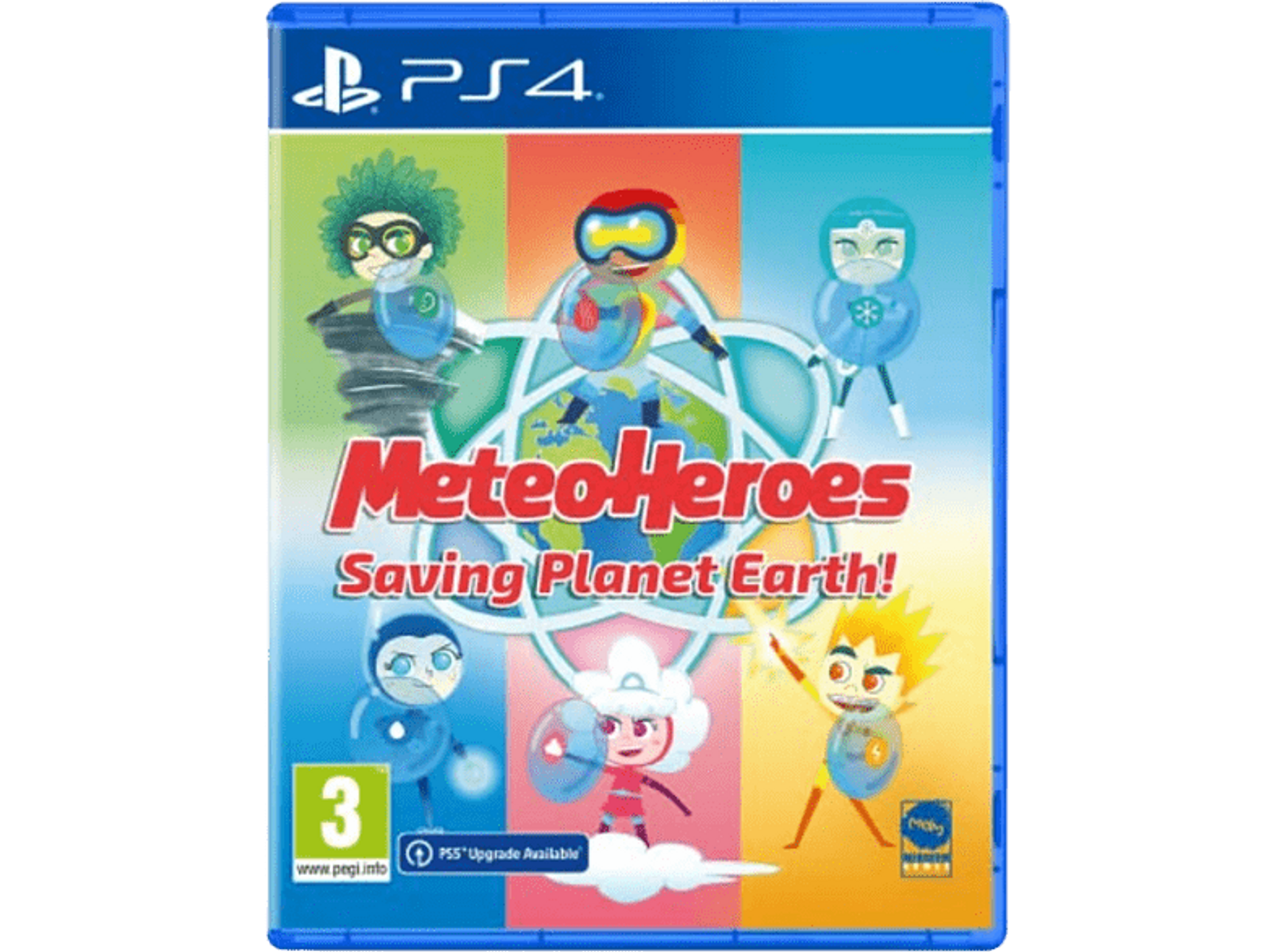 Artwork della scatola del gioco: MeteoHeroes, con personaggi dei cartoni animati e una custodia PS4 blu.