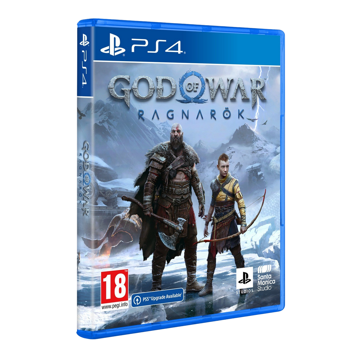 Scatola del gioco PS4 di God of War Ragnarok. Un uomo e un ragazzo sono in una scena di montagna innevata.