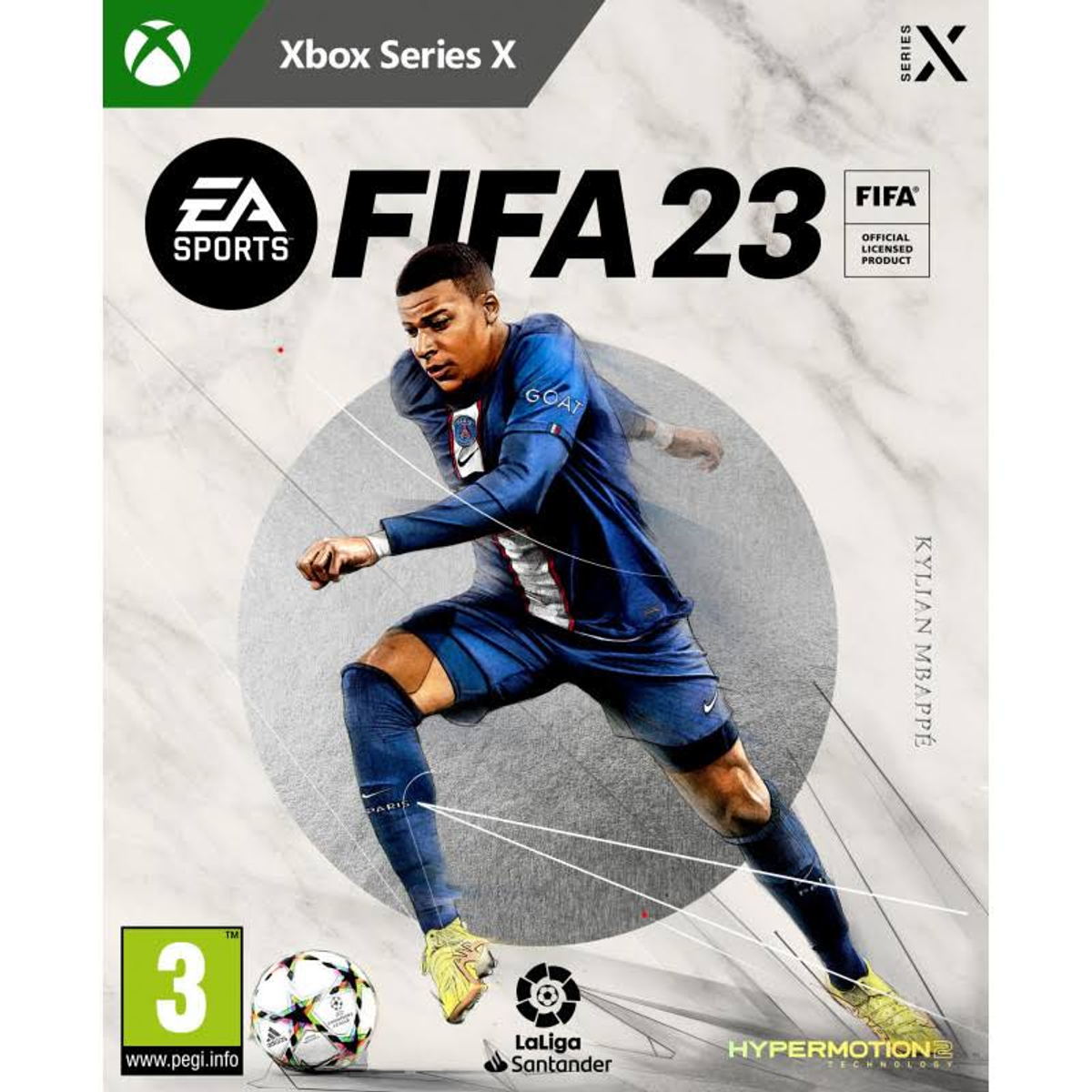 Pudełko z grą FIFA 23 z Kylianem Mbappé na okładce. Widoczne są logo FIFA i EA Sports.
