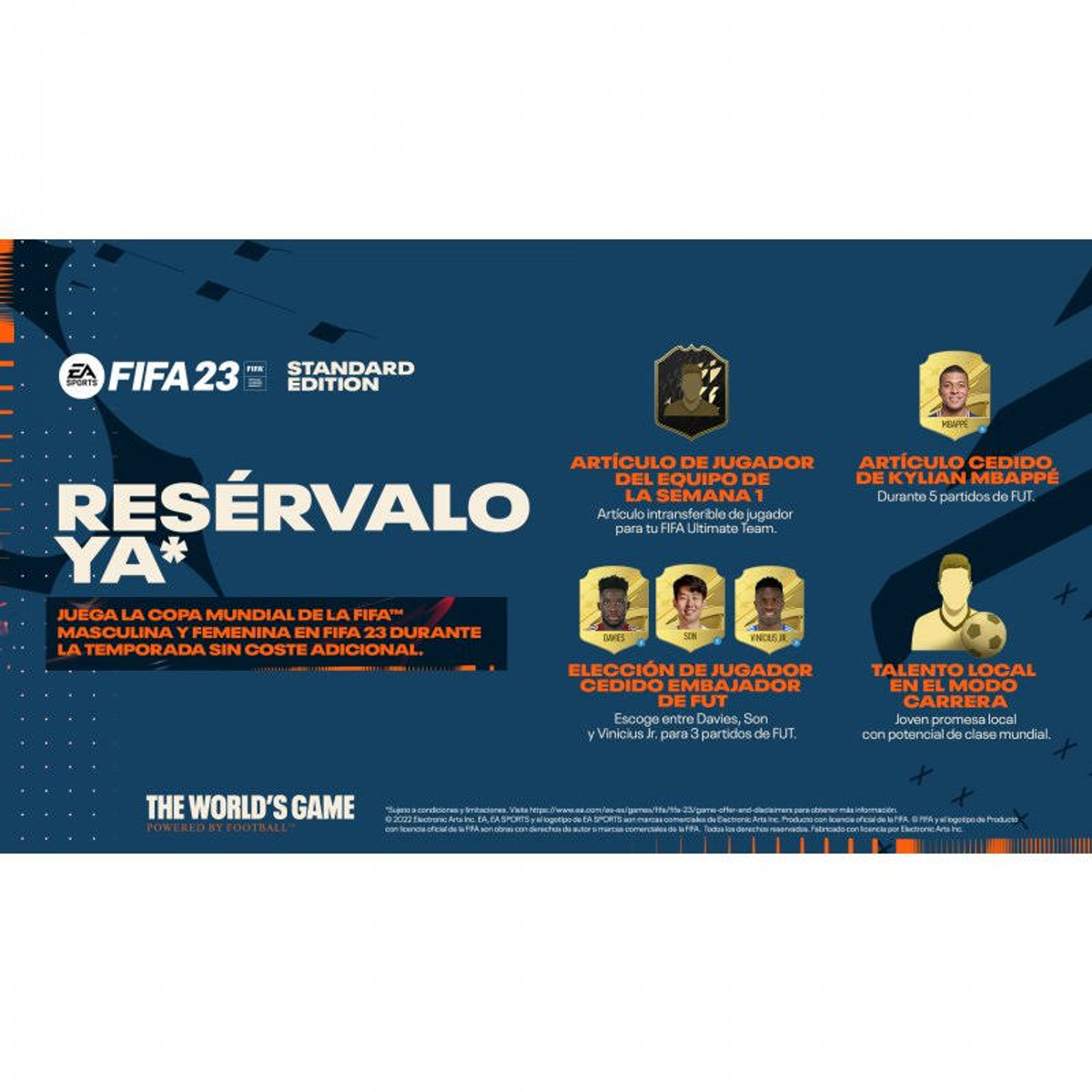 Obraz promocyjny FIFA 23 z tekstem i obrazami szczegółowo opisującymi bonusy w grze.