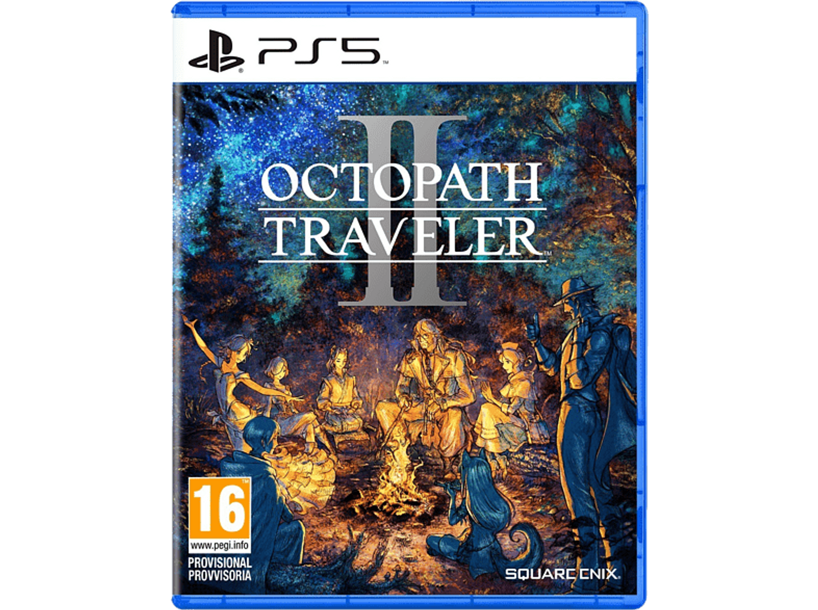 Caja del juego PS5 con la carátula de Octopath Traveler II, con un grupo alrededor de una hoguera.