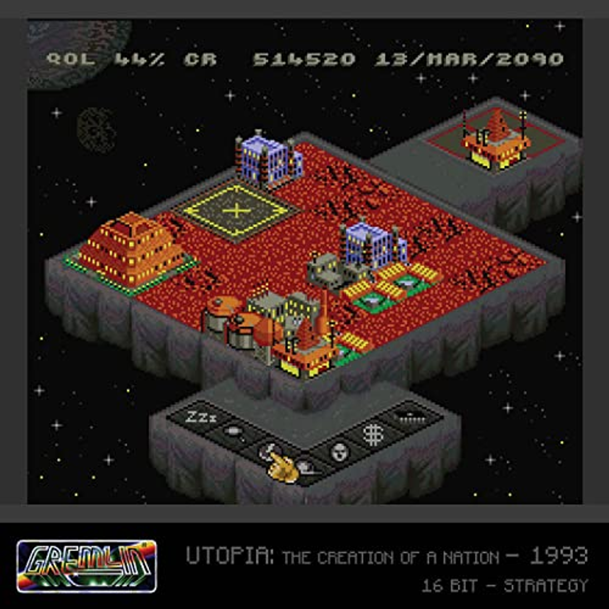 Izometryczna scena gry: Budynki na platformach, tło kosmiczne, tekst: Utopia.