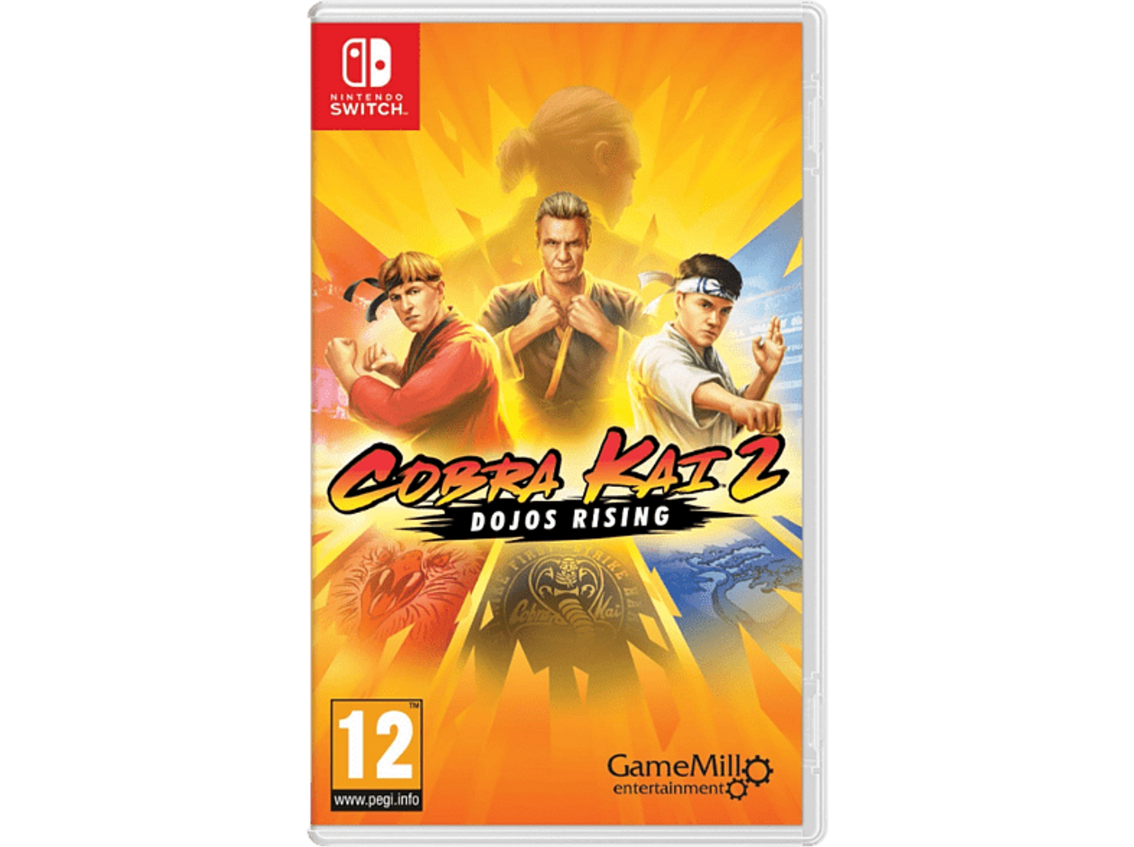 Arte de caja del juego con tres personas en poses de karate, el título del juego y el logotipo de Nintendo Switch.