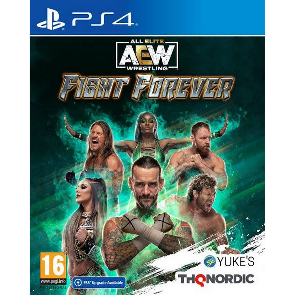 Portada del videojuego AEW: Fight Forever. Rostros de luchadores en el centro, logo arriba.