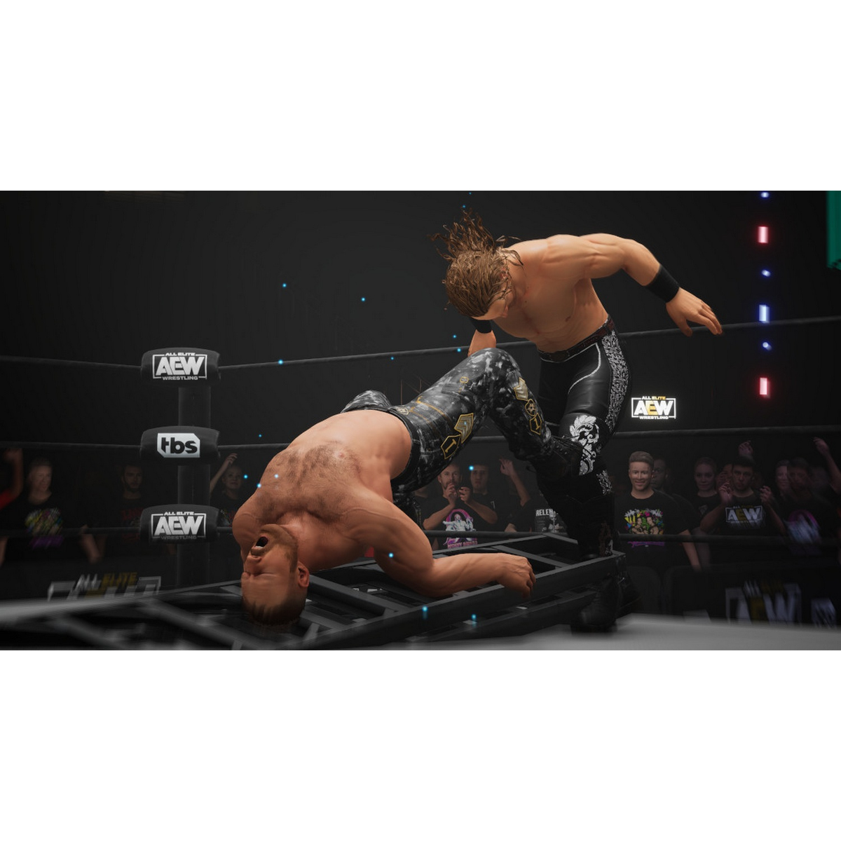 Lucha libre en un ring. Un luchador en el suelo, otro de pie, con público de fondo.