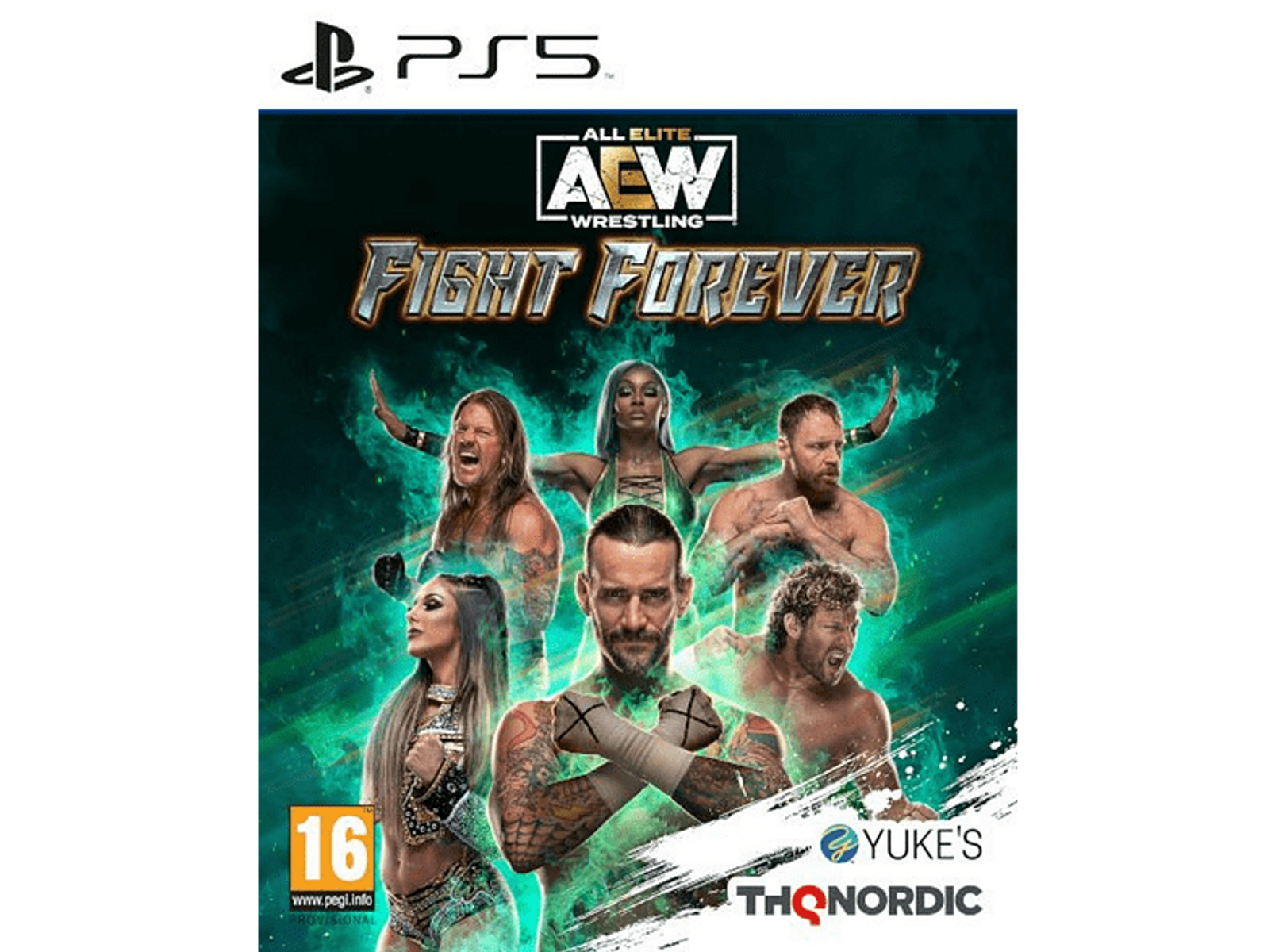 Okładka gry AEW Fight Forever z zapaśnikami, logo i marką konsoli PS5.