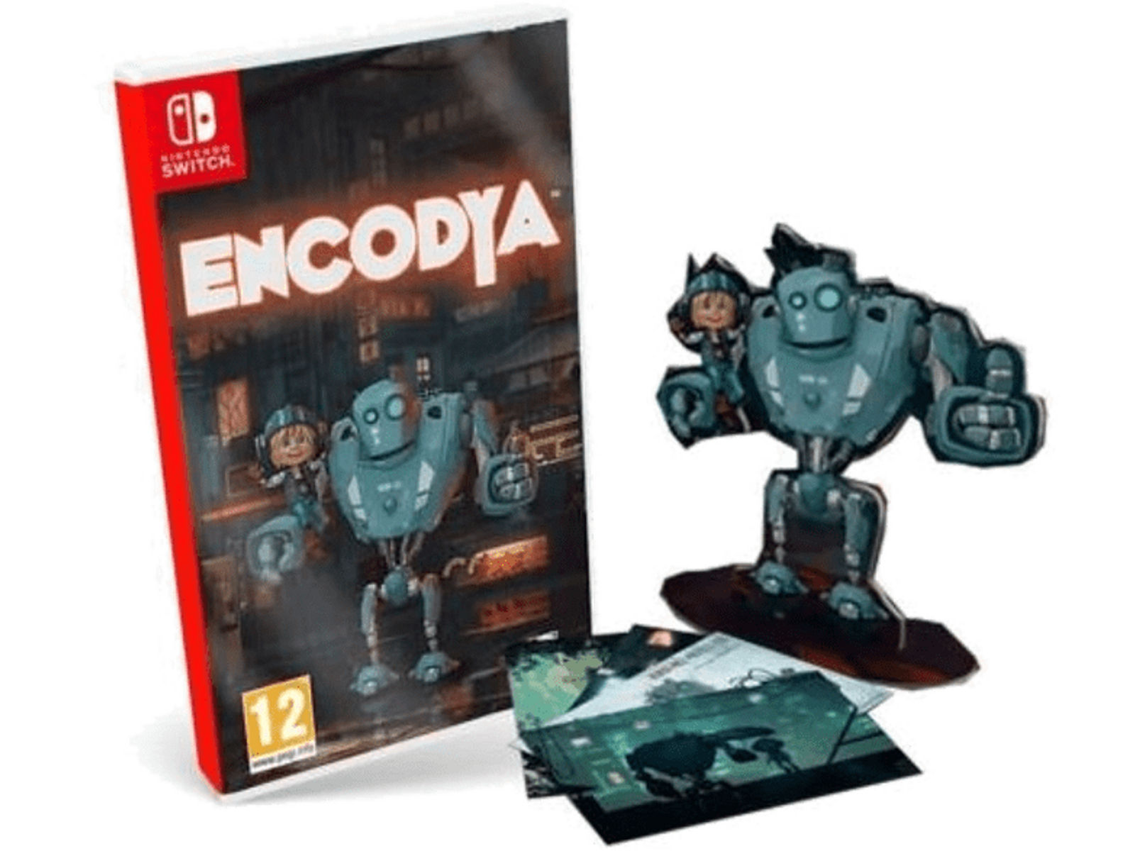 Paquete de juego: caja del juego Encodya, una figura de robot y tarjetas de arte sobre fondo blanco.